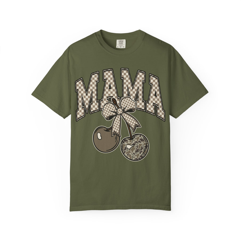 Mama Cherry Graphic T-Shirt — Retro Checkerboard Cherry Design. Midnight Eye, LLC