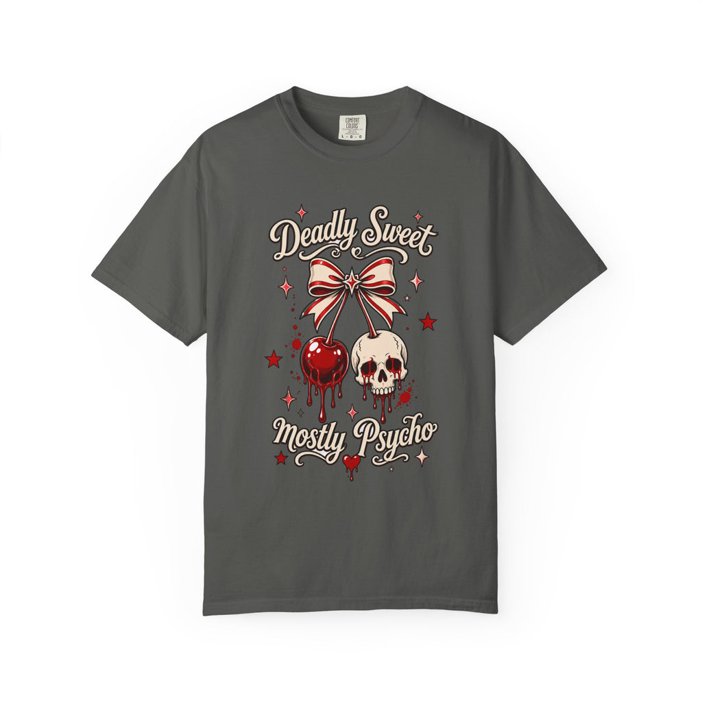 Deadly Sweet Mostly Psycho Graphic T-Shirt - Retro Tee. Midnight Eye, LLC