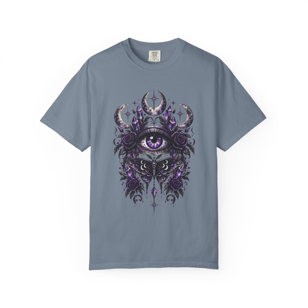 Mystic Eye and Moon T-Shirt — Purple Occult Floral Graphic Tee. Midnight Eye, LLC