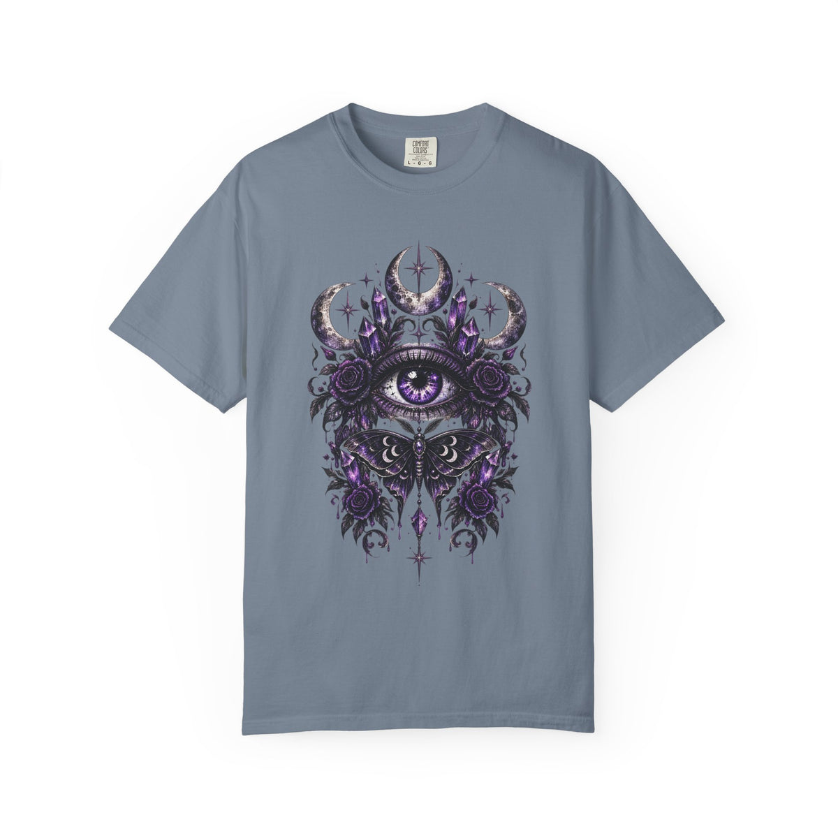 Mystic Eye and Moon T-Shirt — Purple Occult Floral Graphic Tee. Midnight Eye, LLC