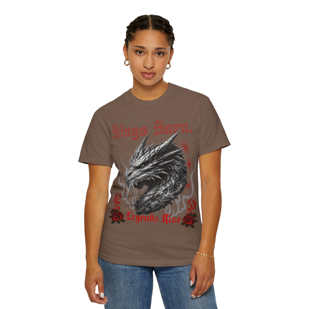 Dragon Head T-Shirt — "Kings Burn. Legends Rise." Red Rose Tattoo Graphic T-Shirt. Midnight Eye, LLC.