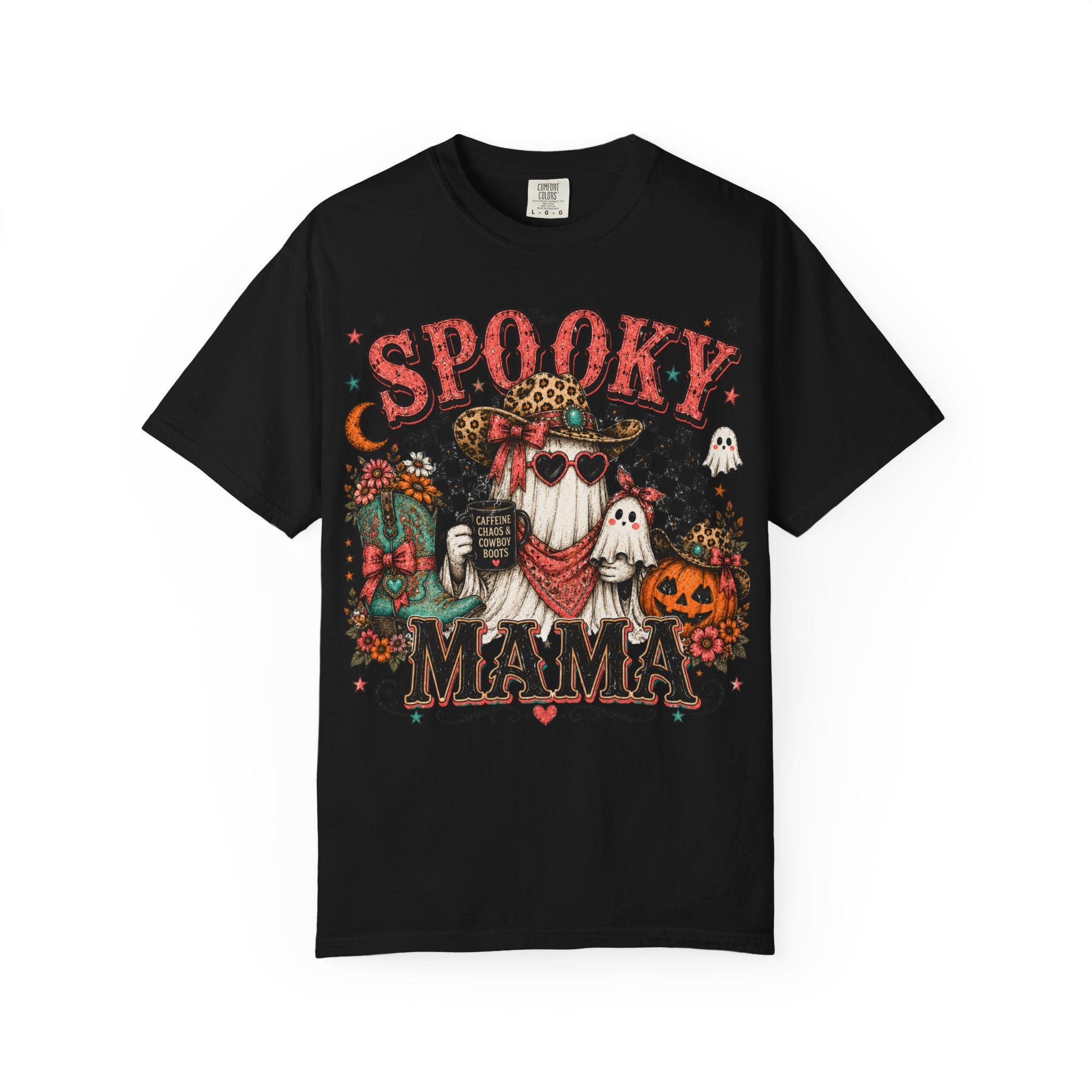 Spooky Mama T-Shirt — Vintage Halloween Ghosts & Pumpkin Graphic. Midnight Eye, LLC