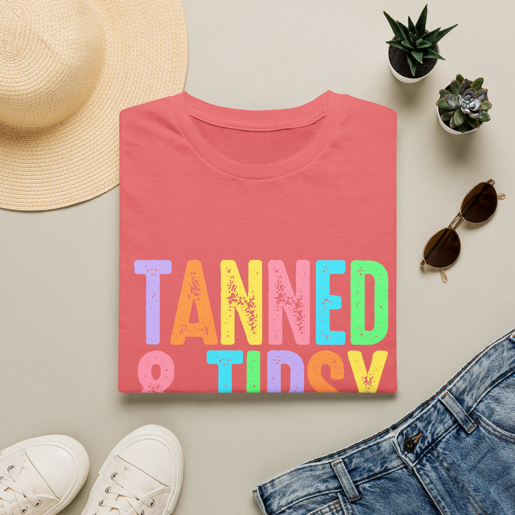 Tanned & Tipsy Beach Vacation T-Shirt - Colorful Vacation T-Shirt - Funny Summer Tee. Midnight Eye, LLC.