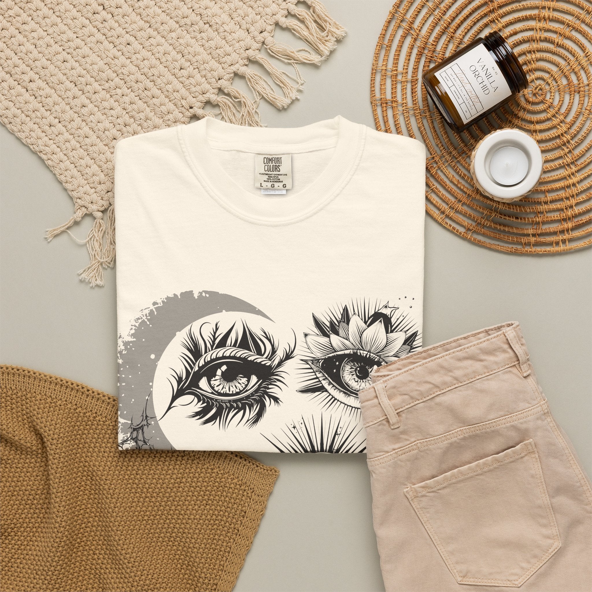 Midnight Eyes Graphic T-Shirt — Moon & Floral Eye Illustration