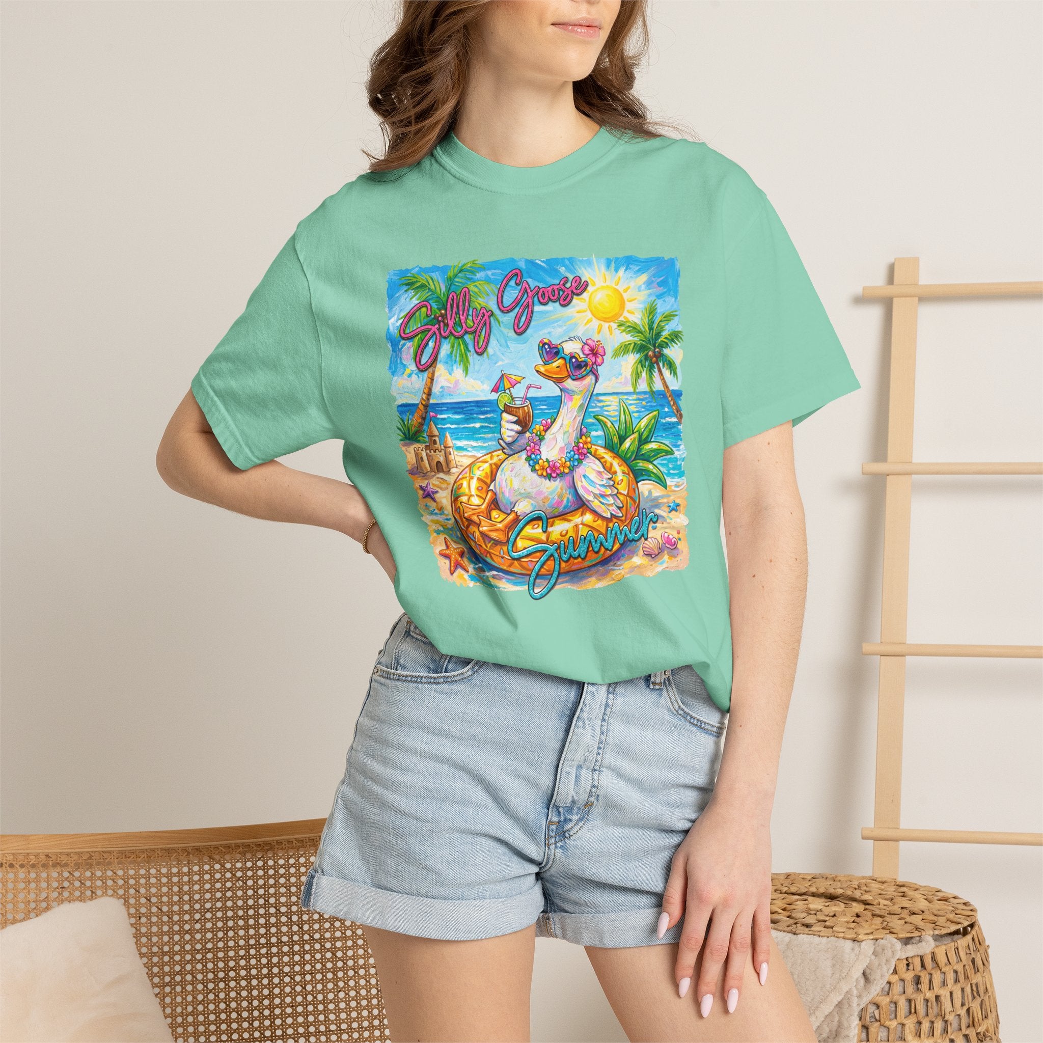 Silly Goose Summer T-Shirt - Colorful Summer Girl Tee - Beach Tee - Tropical T-Shirt - Midnight Eye, LLC