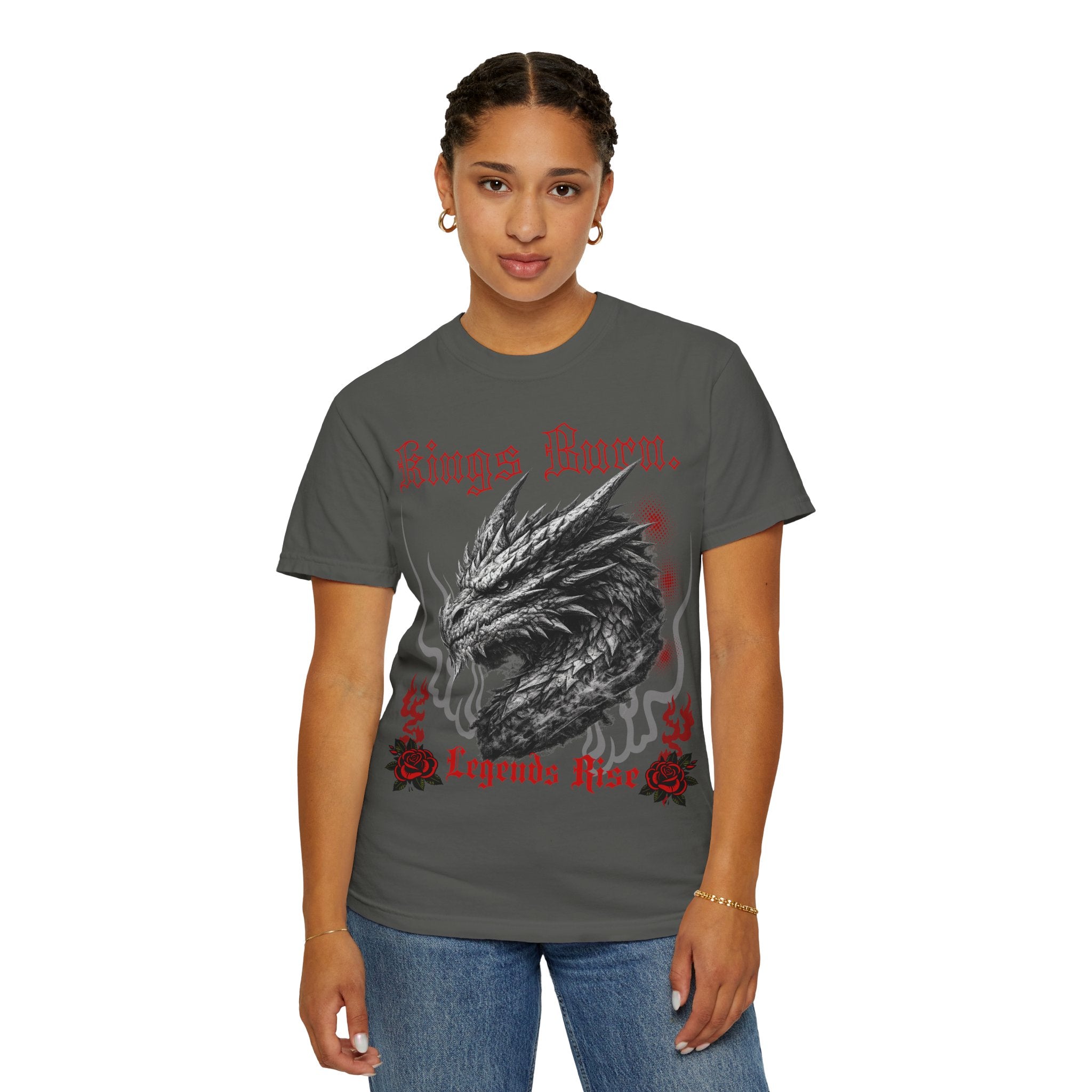 Dragon Head T-Shirt — "Kings Burn. Legends Rise." Red Rose Tattoo Graphic T-Shirt. Midnight Eye, LLC.