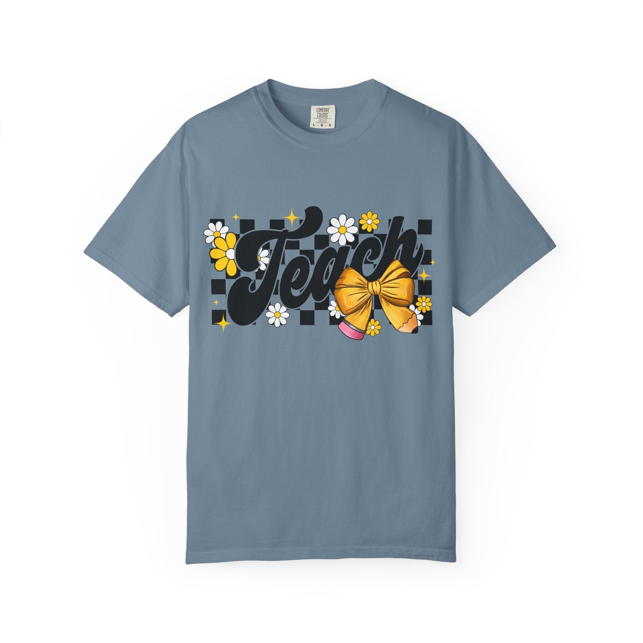 Teacher Floral Bow T-Shirt — 'Teach' Checkerboard Design