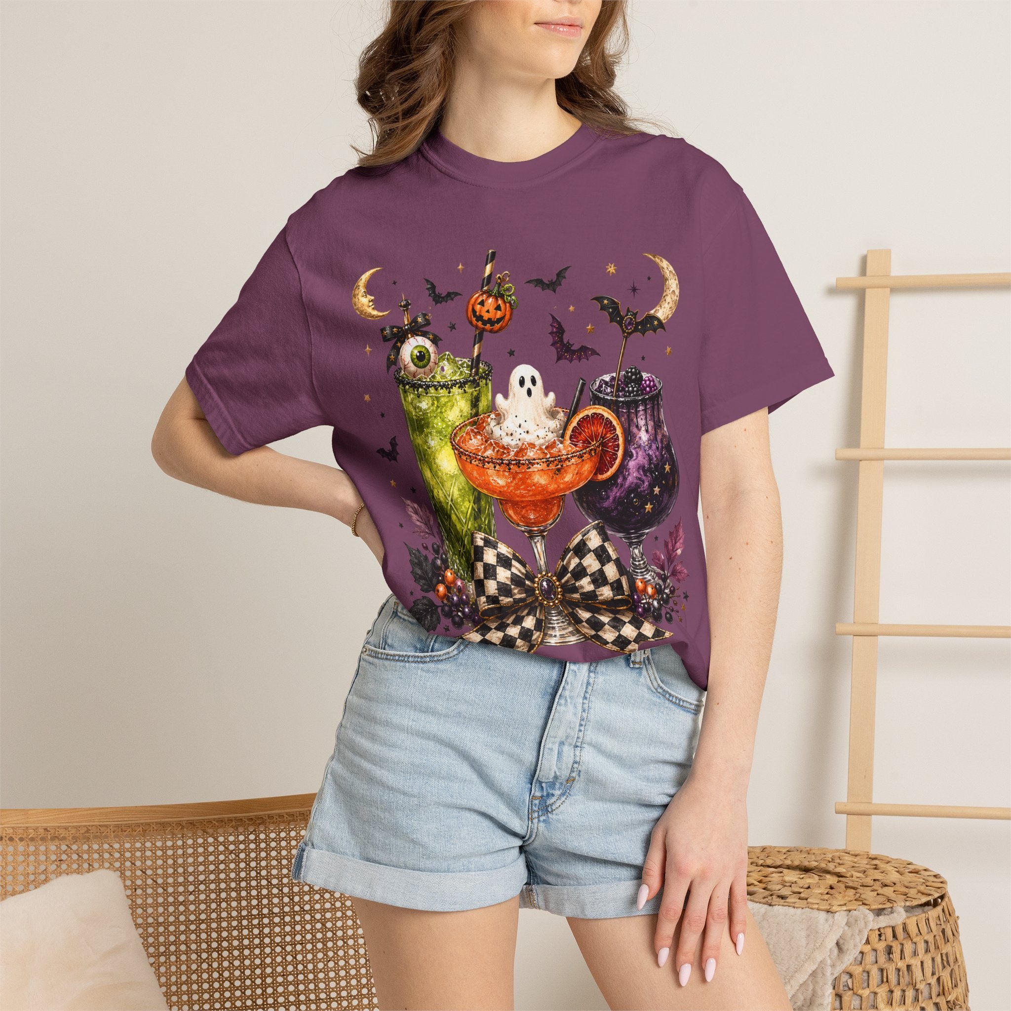 Halloween Cocktail T-Shirt — Spooky Drinks, Cute Bats & Pumpkins