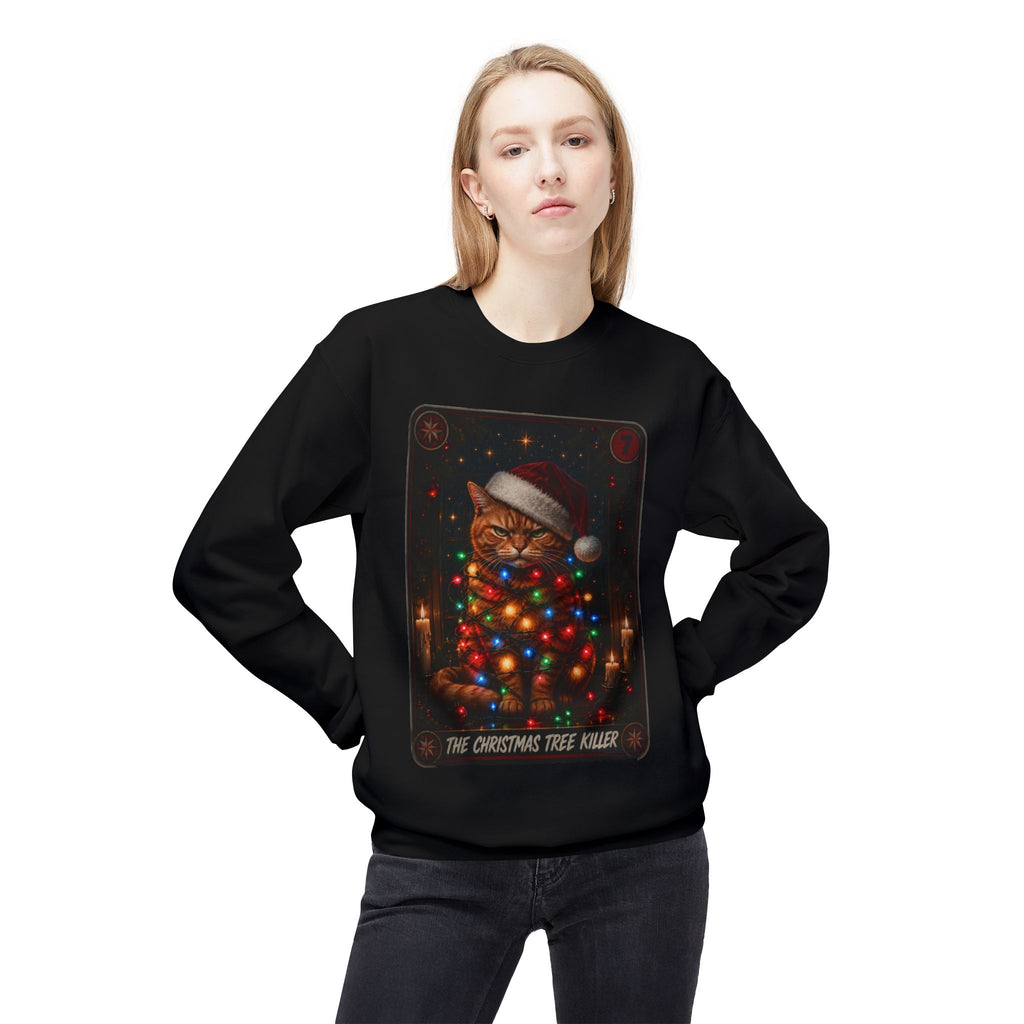 Funny Christmas Cat Crewneck Sweatshirt - "The Christmas Tree Killer" Holiday Sweater