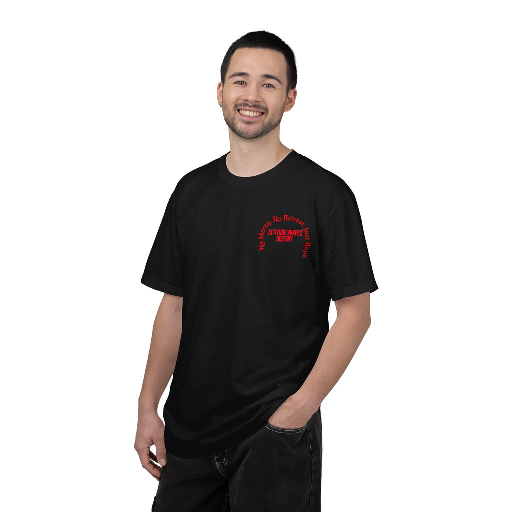 Knight Graphic T-Shirt — 'No Mercy, No Retreat, Just Reps' Design - Inspirational Tee - Workout Tee - Midnight Eye, LLC
