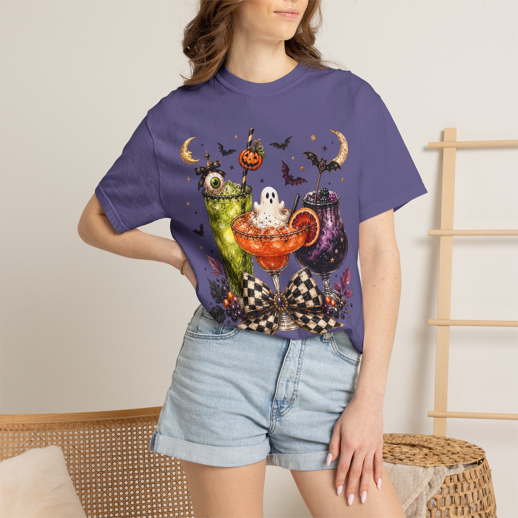 Halloween Cocktail T-Shirt — Spooky Drinks, Cute Bats & Pumpkins. Midnight Eye, LLC