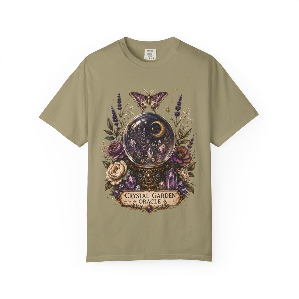 Crystal Garden Oracle T-Shirt — Mystical Moon & Crystal Ball Graphic Tee. Midnight Eye, LLC