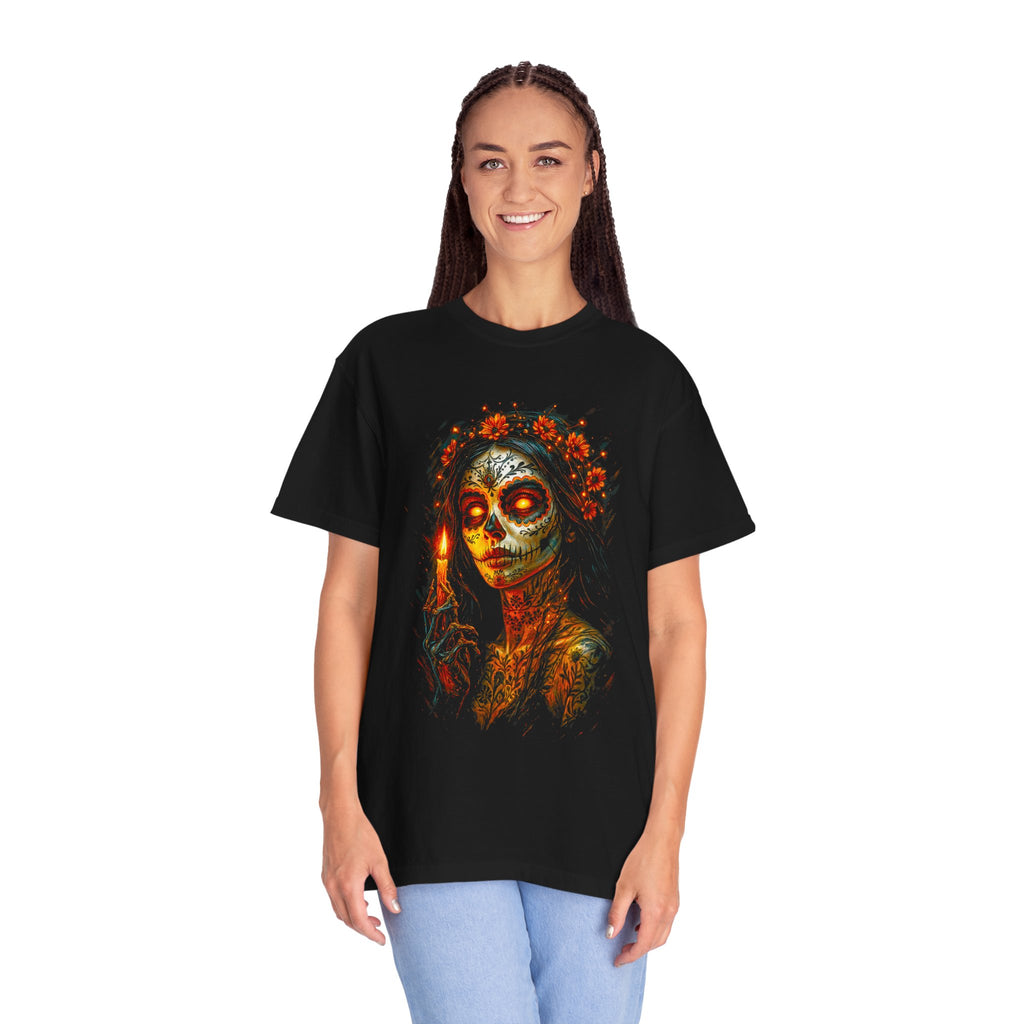 Day of the Dead Skull Catrina Graphic T-Shirt — Sugar Skull Candle Design. Midnight Eye, LLC