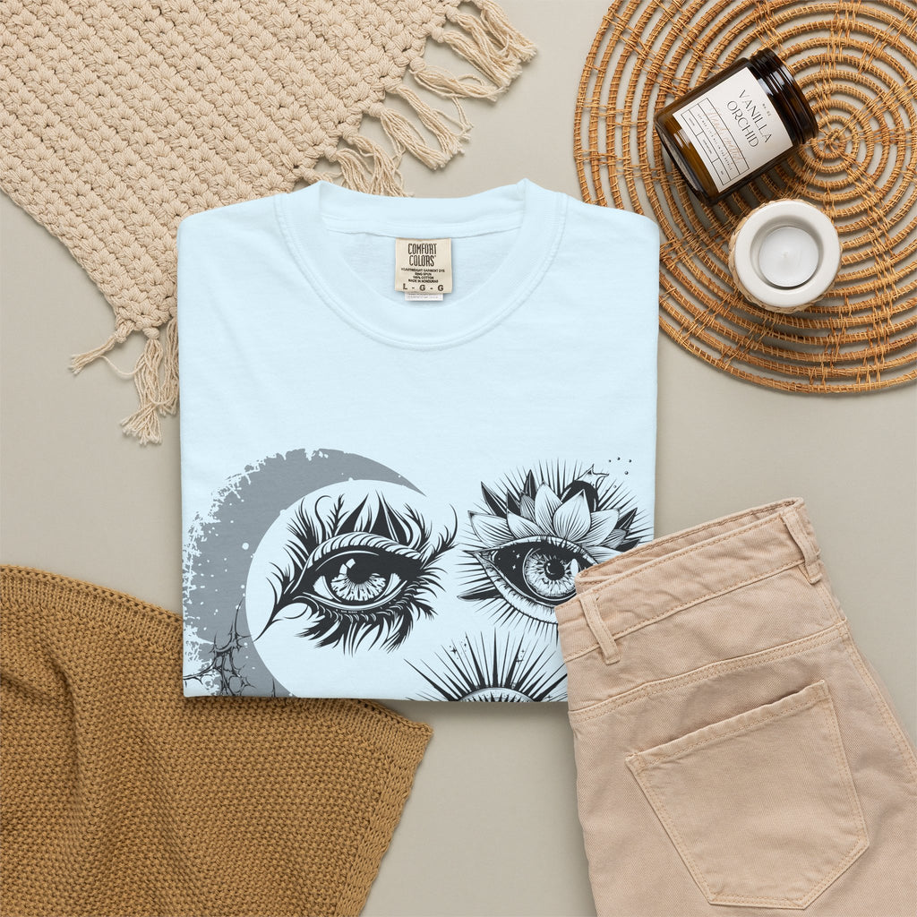 Midnight Eyes Graphic T-Shirt — Moon, Sun & Mystic Eye Illustration