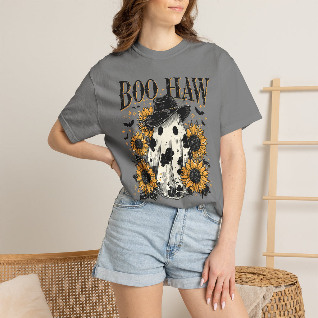 Boo Haw T-Shirt — Halloween Ghost with Cowboy Hat & Sunflowers. Midnight Eye, LLC