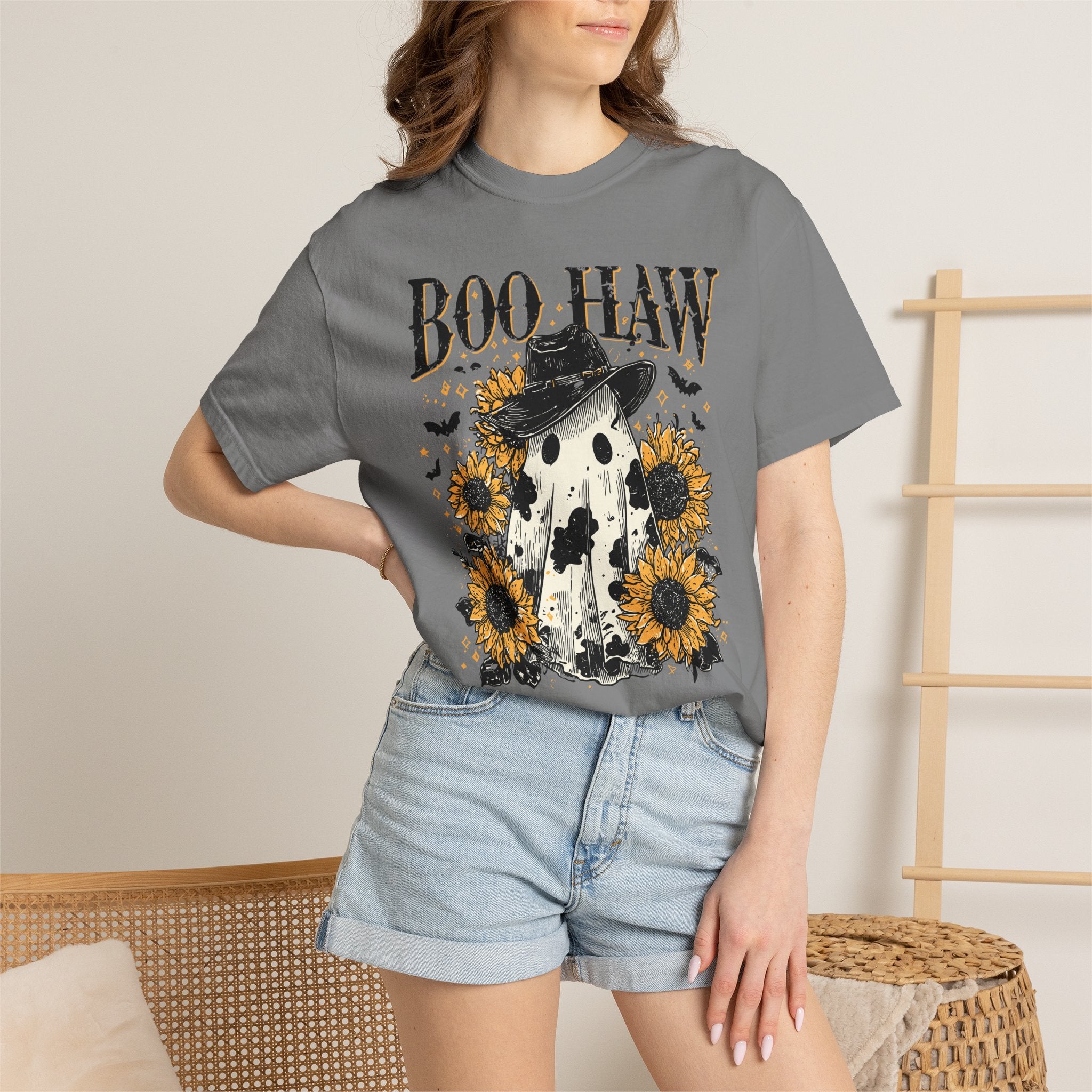 Boo Haw T-Shirt — Halloween Ghost with Cowboy Hat & Sunflowers. Midnight Eye, LLC