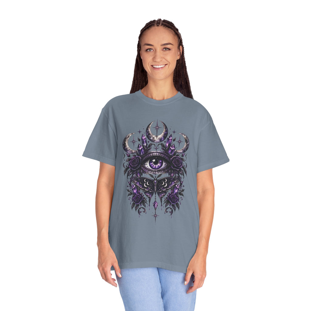 Mystic Eye and Moon T-Shirt — Purple Occult Floral Graphic Tee. Midnight Eye, LLC
