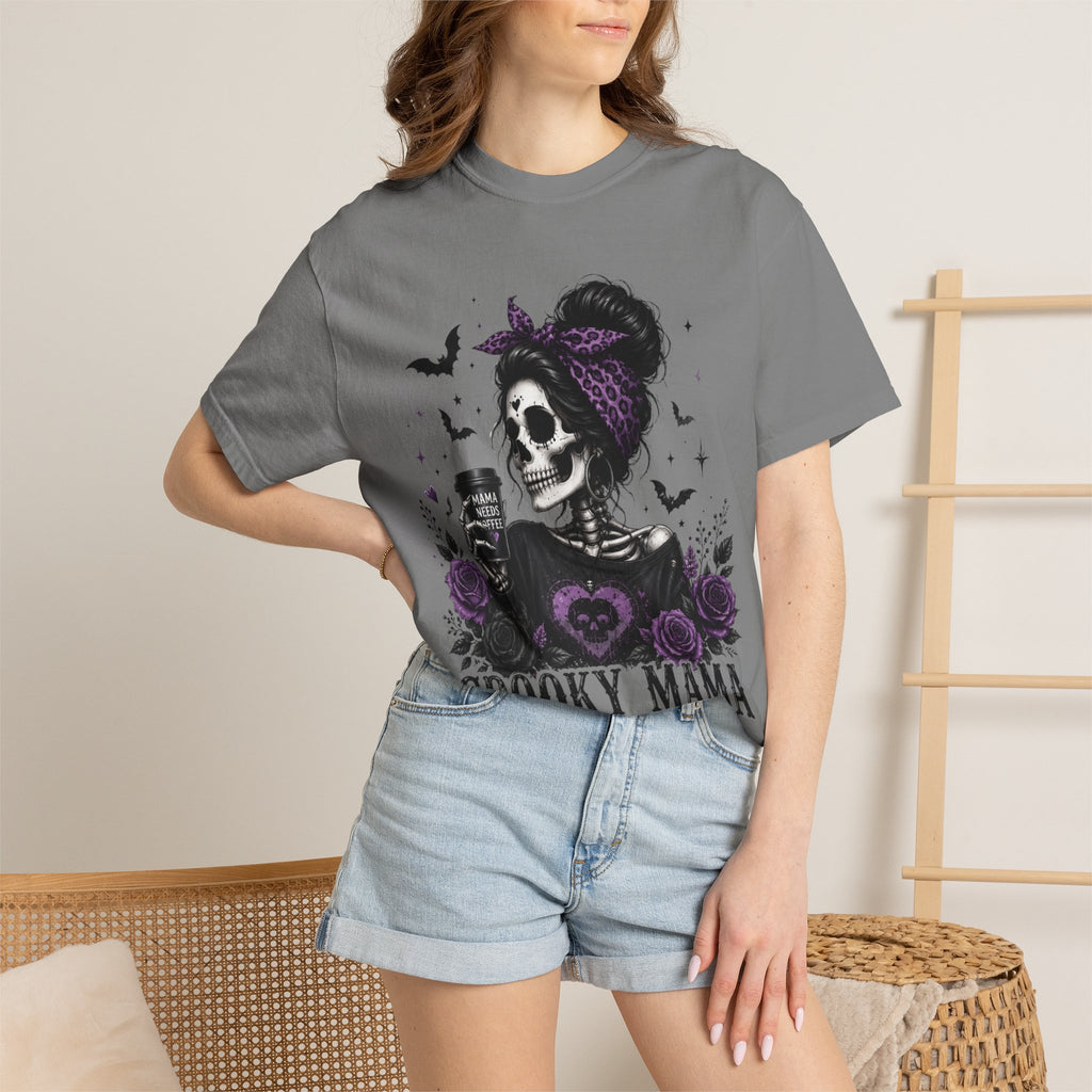 Spooky Mama T-Shirt — Gothic Skull  and Bats Mom Tee with Purple Roses. Midnight Eye, LLC. 
