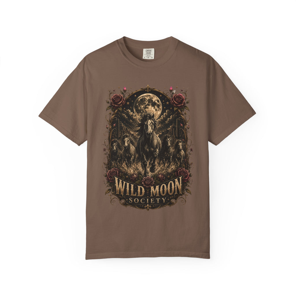 Wild Moon Society T-Shirt — Vintage Gothic Moon & Horse Graphic Tee. Midnight Eye, LLC.
