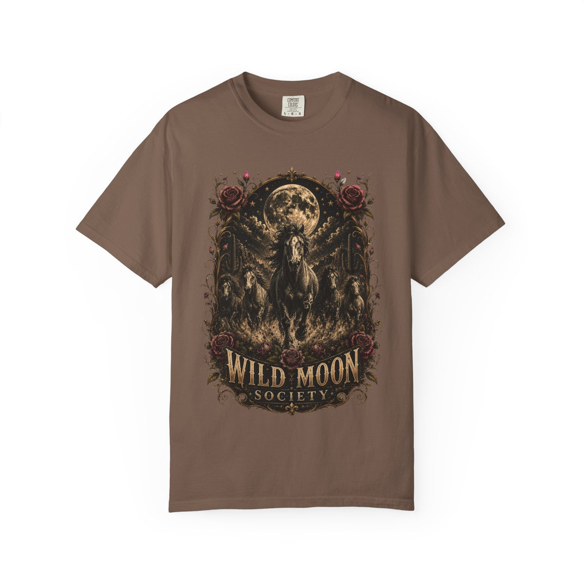 Wild Moon Society T-Shirt — Vintage Gothic Moon & Horse Graphic Tee. Midnight Eye, LLC.