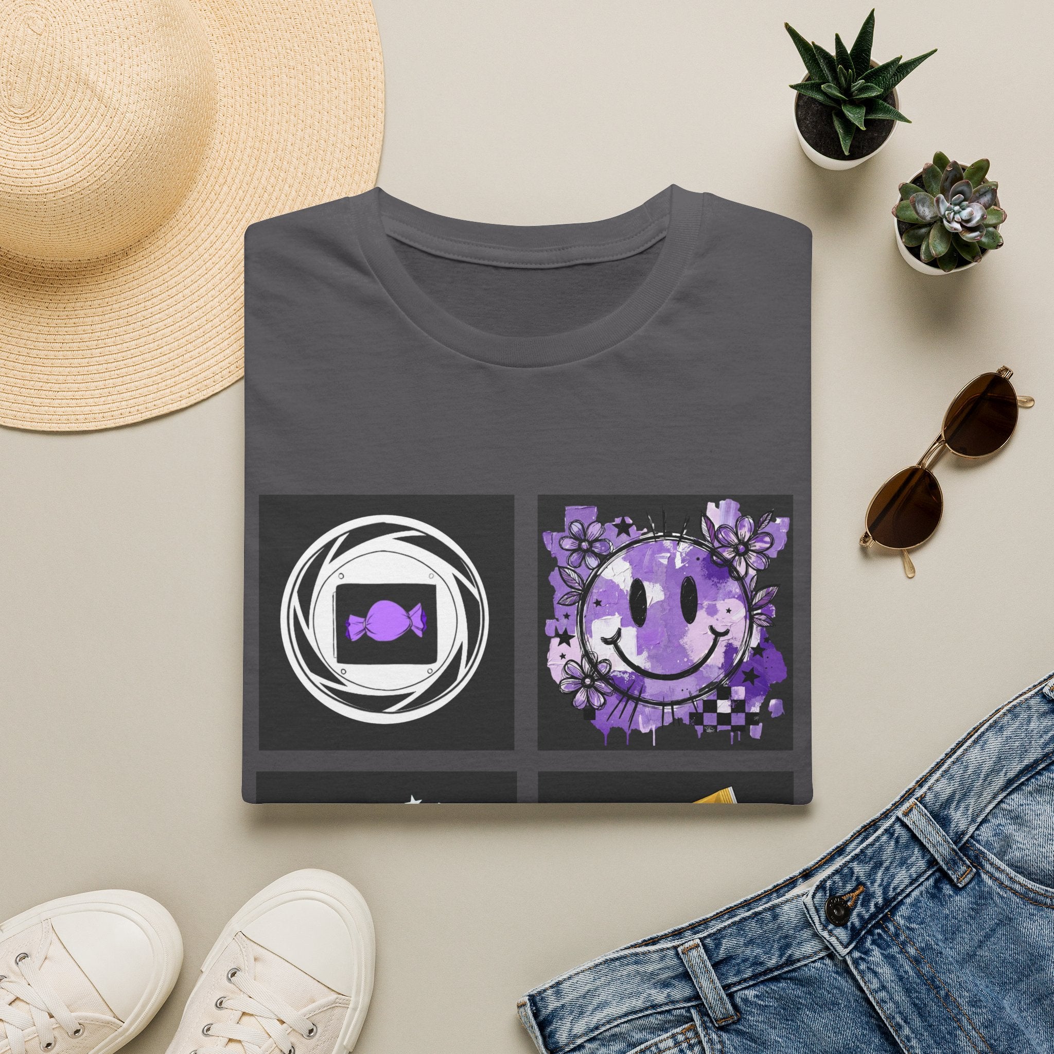 Women's Tee — Retro Purple Icons: Smiley, Peace Sign & Cassette Graphic - Midnight Eye, LLC