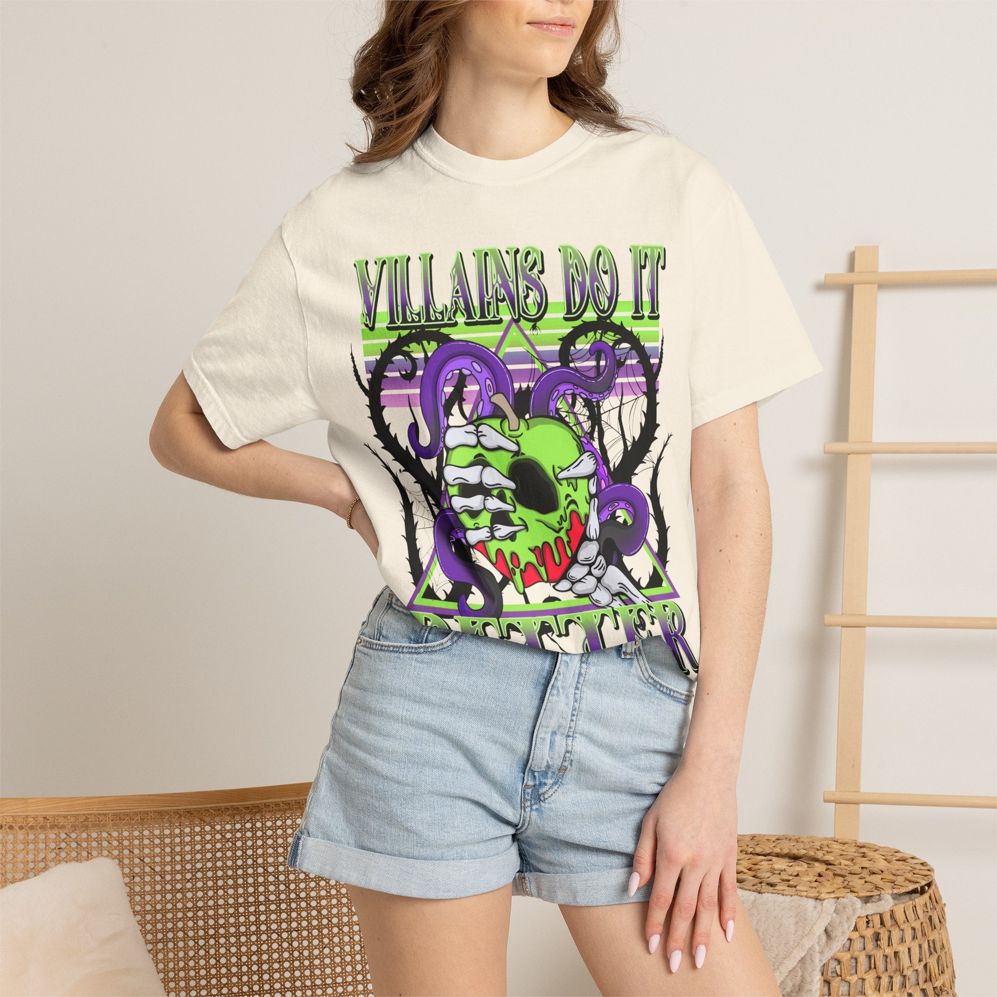 Villains Do It Better Graphic T-Shirt — Neon Monster Skull Tee. Midnight Eye, LLC