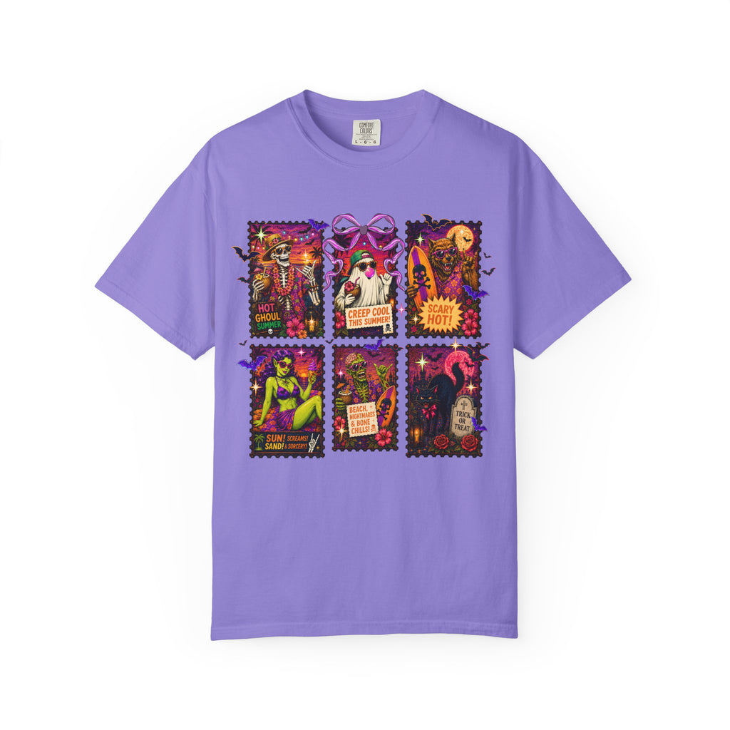 Halloween Horror Stamps T-Shirt — Vintage Spooky Postage Collage. Midnight Eye, LLC.