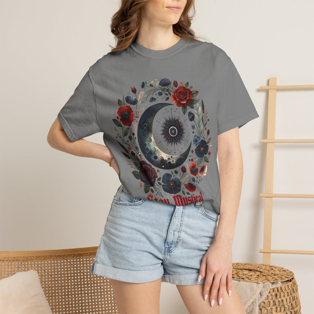 Mystical Moon T-Shirt — “Stay Mystical” Floral Crescent Tee - Dark Aesthetic T-Shirt, Mid Night Eye, LLC