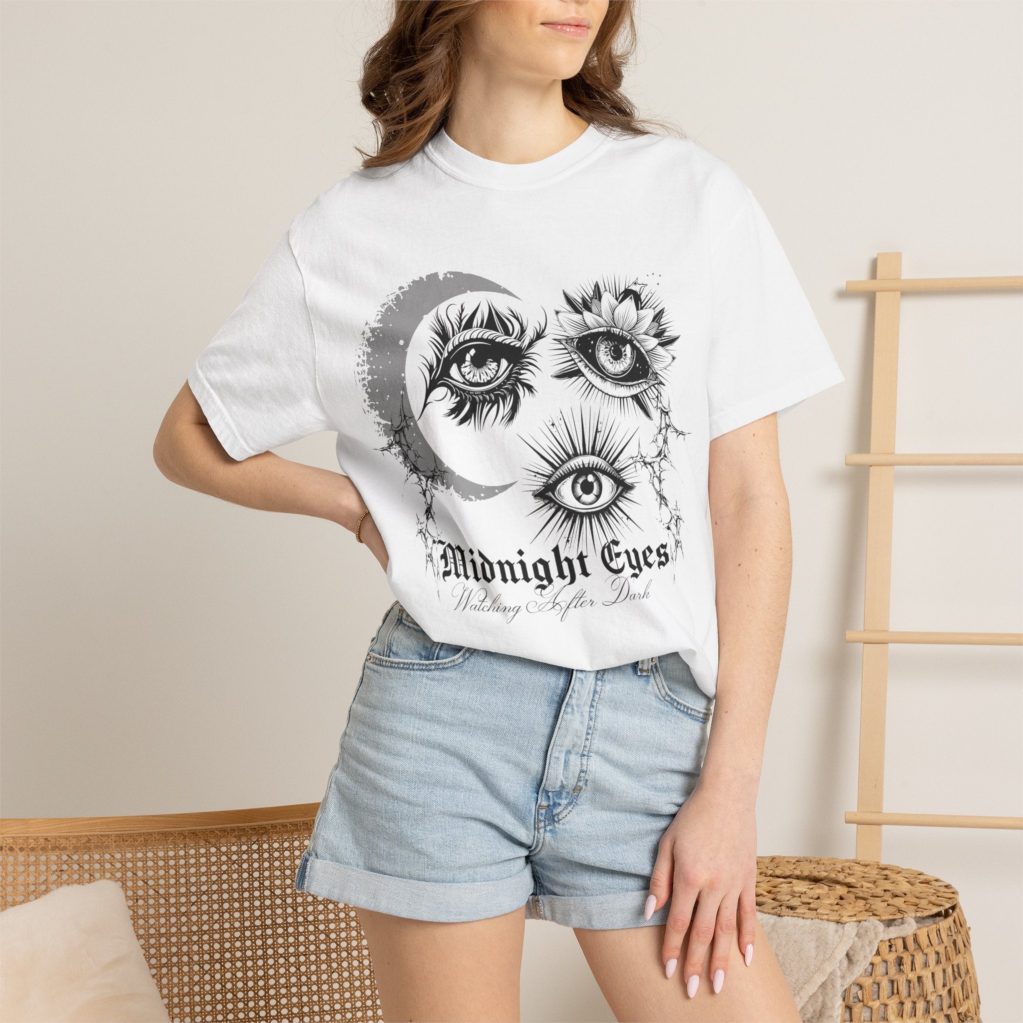Midnight Eyes Graphic T-Shirt — Moon, Sun & Mystic Eye Illustration