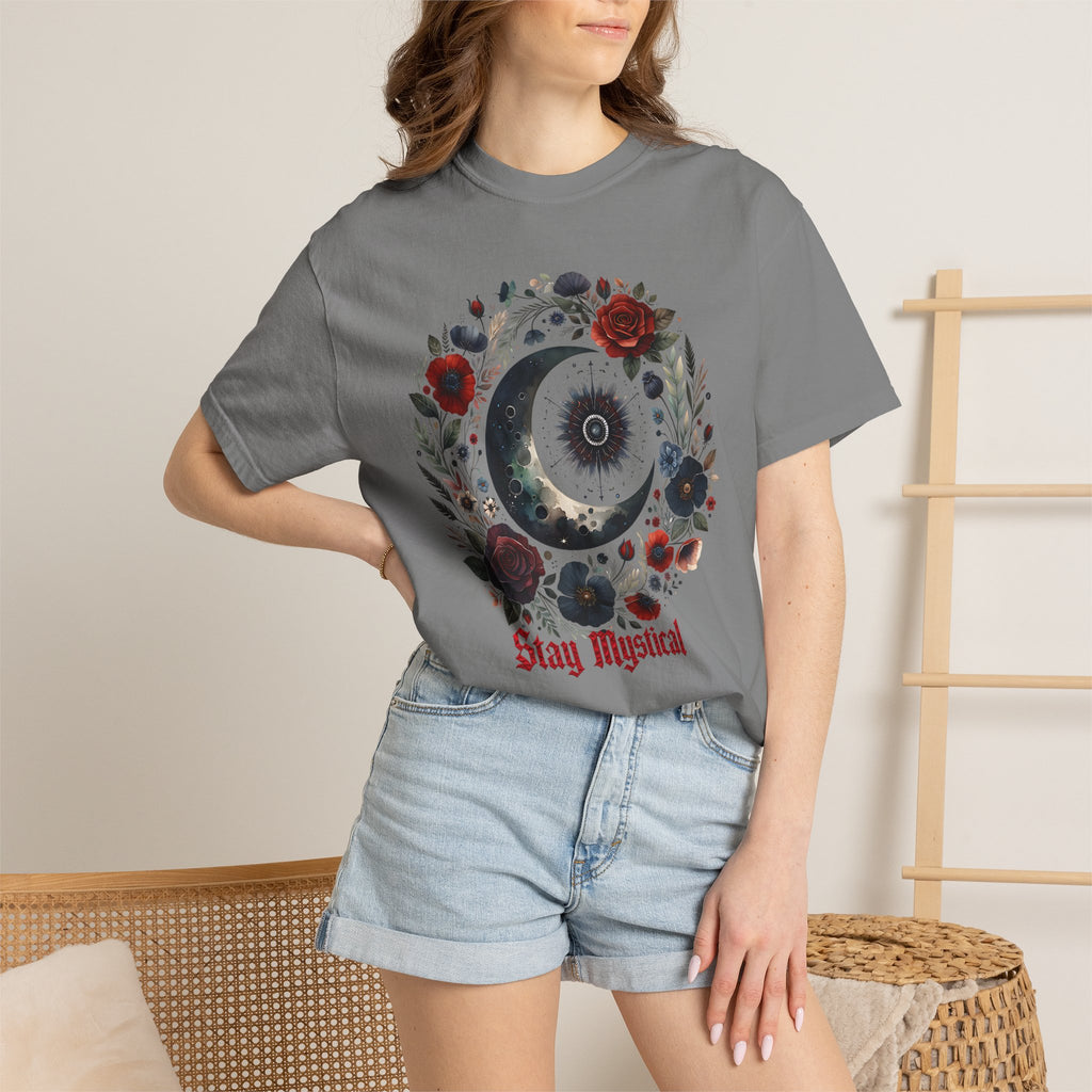 Mystical Moon T-Shirt — “Stay Mystical” Floral Crescent Tee - Dark Aesthetic T-Shirt. Midnight Eye, LLC.