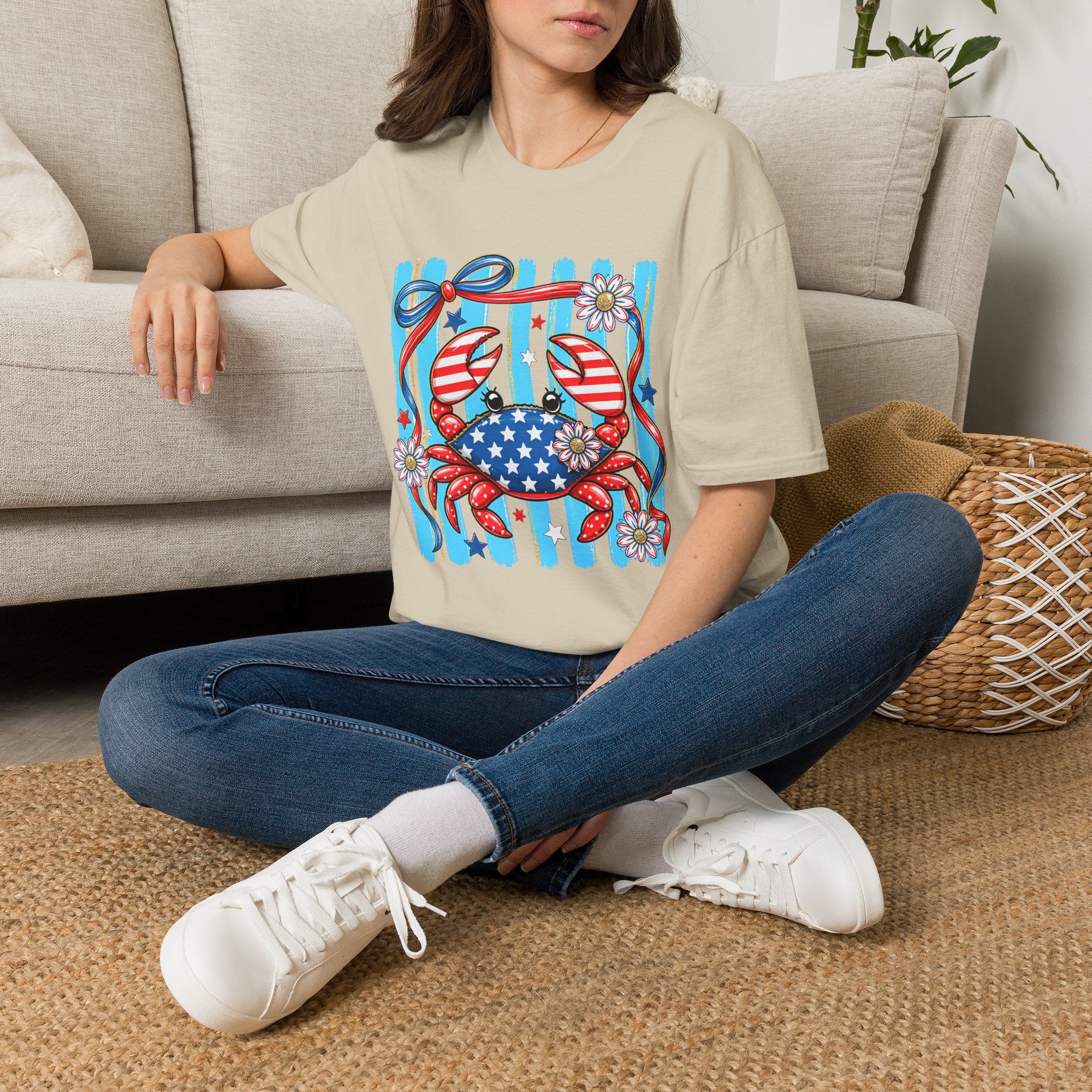 Patriotic Crab T-Shirt — American Flag Red White Blue Beach Tee Patriotic Crab T-Shirt — Preppy Cute and Funny Crab Tee. Midnight Eye, LLC.