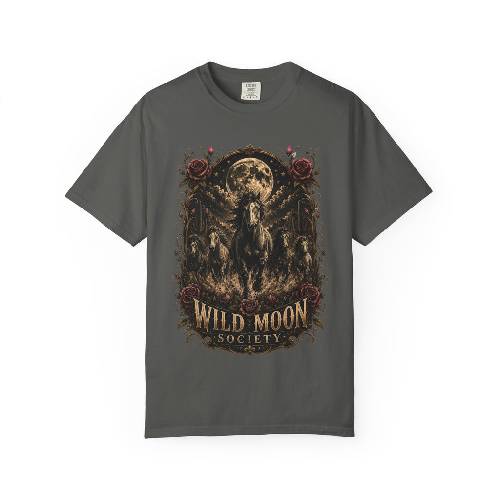 Wild Moon Society T-Shirt — Vintage Gothic Moon & Horse Graphic Tee. Midnight Eye, LLC.