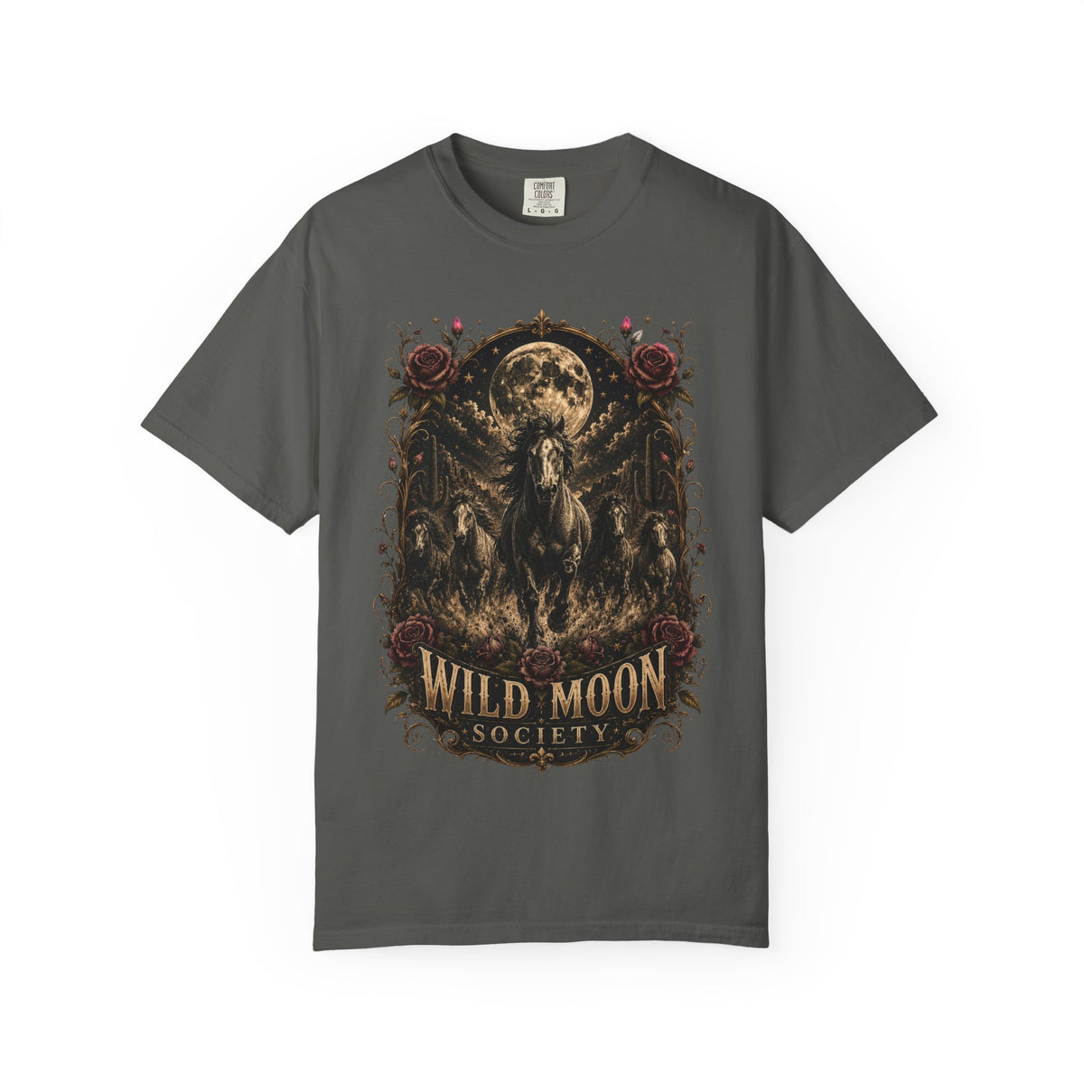 Wild Moon Society T-Shirt — Vintage Gothic Moon & Horse Graphic Tee. Midnight Eye, LLC.