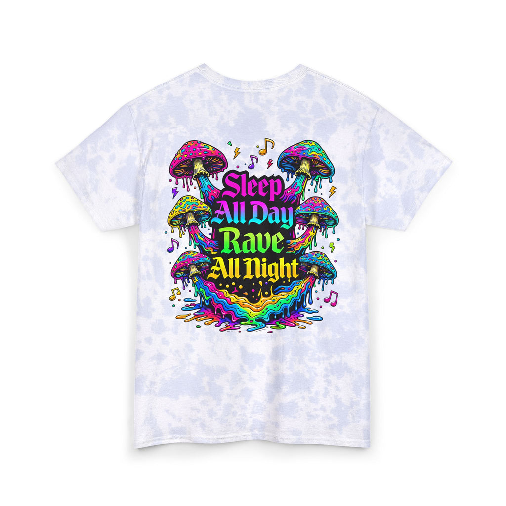 Tie Dye T‑Shirt — "Sleep All Day, Rave All Night" Psychedelic Mushroom Tee - Midnight Eye, LLC