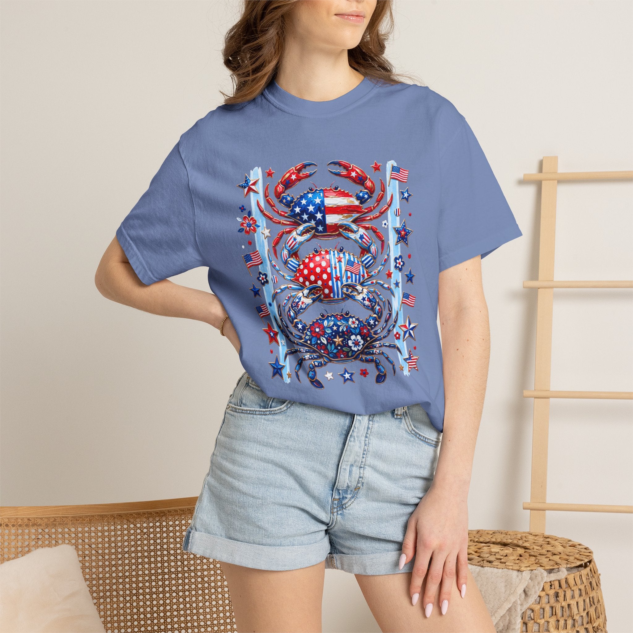 Patriotic Crab T-Shirt — Red White Blue Fourth of July Tee - Faux Brushstroke Graphic Tee - Midnight Eye, LLC
