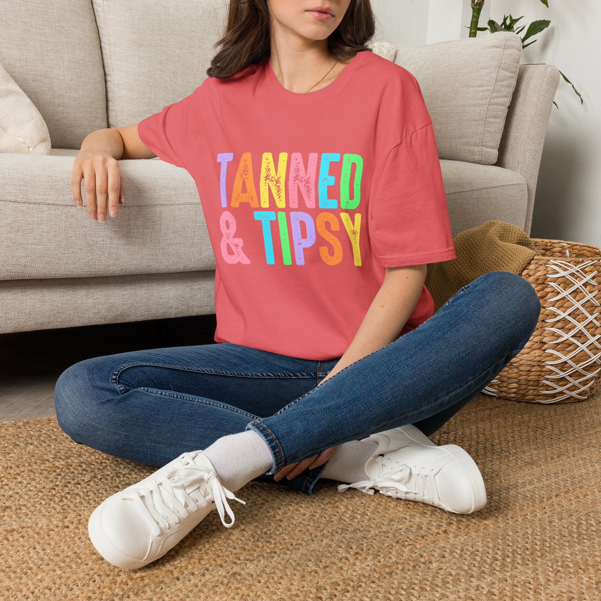 Tanned & Tipsy Beach Vacation T-Shirt - Colorful Vacation T-Shirt - Funny Summer Tee. Midnight Eye, LLC.