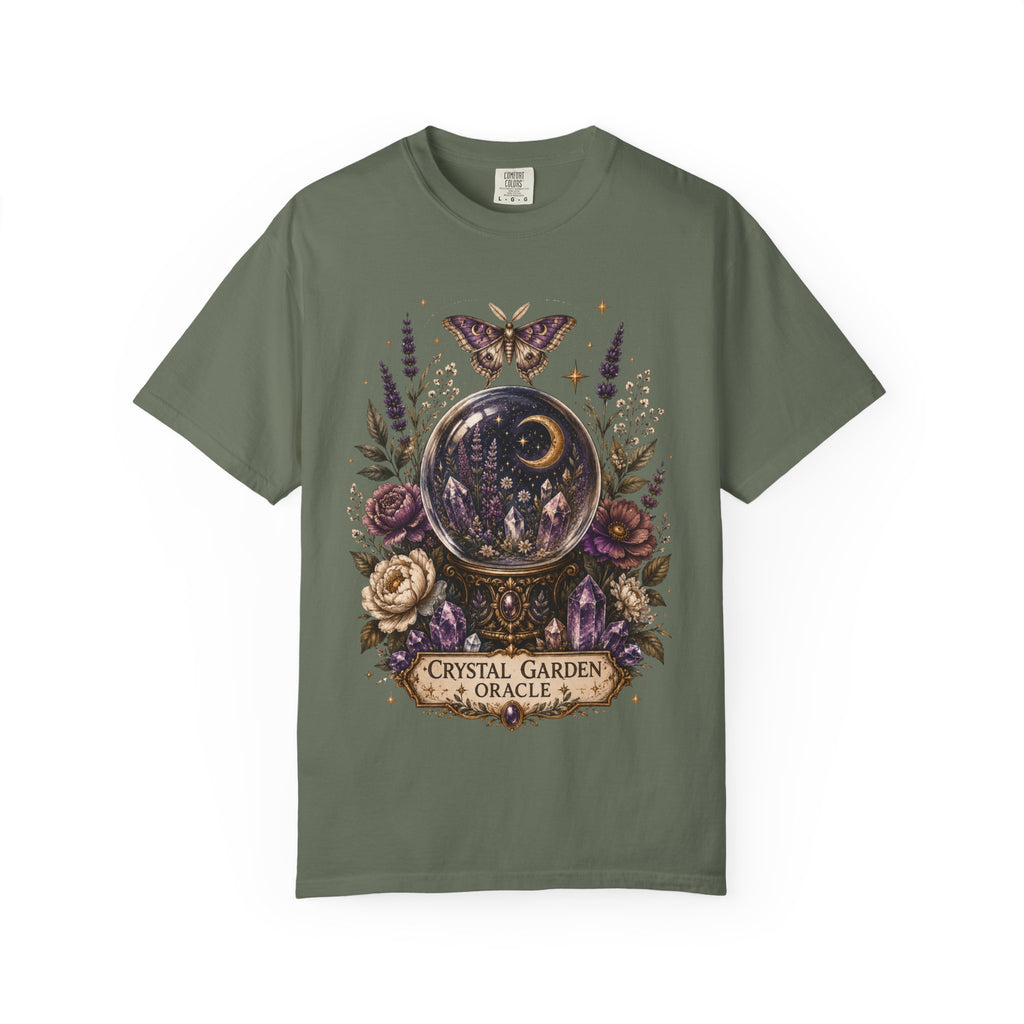 Crystal Garden Oracle T-Shirt — Mystical Moon & Crystal Ball Graphic Tee. Midnight Eye, LLC