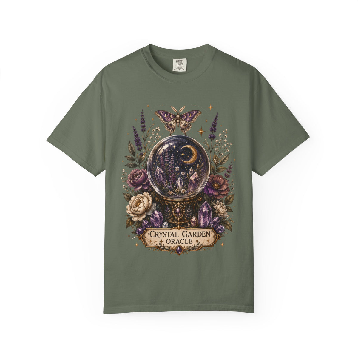 Crystal Garden Oracle T-Shirt — Mystical Moon & Crystal Ball Graphic Tee. Midnight Eye, LLC