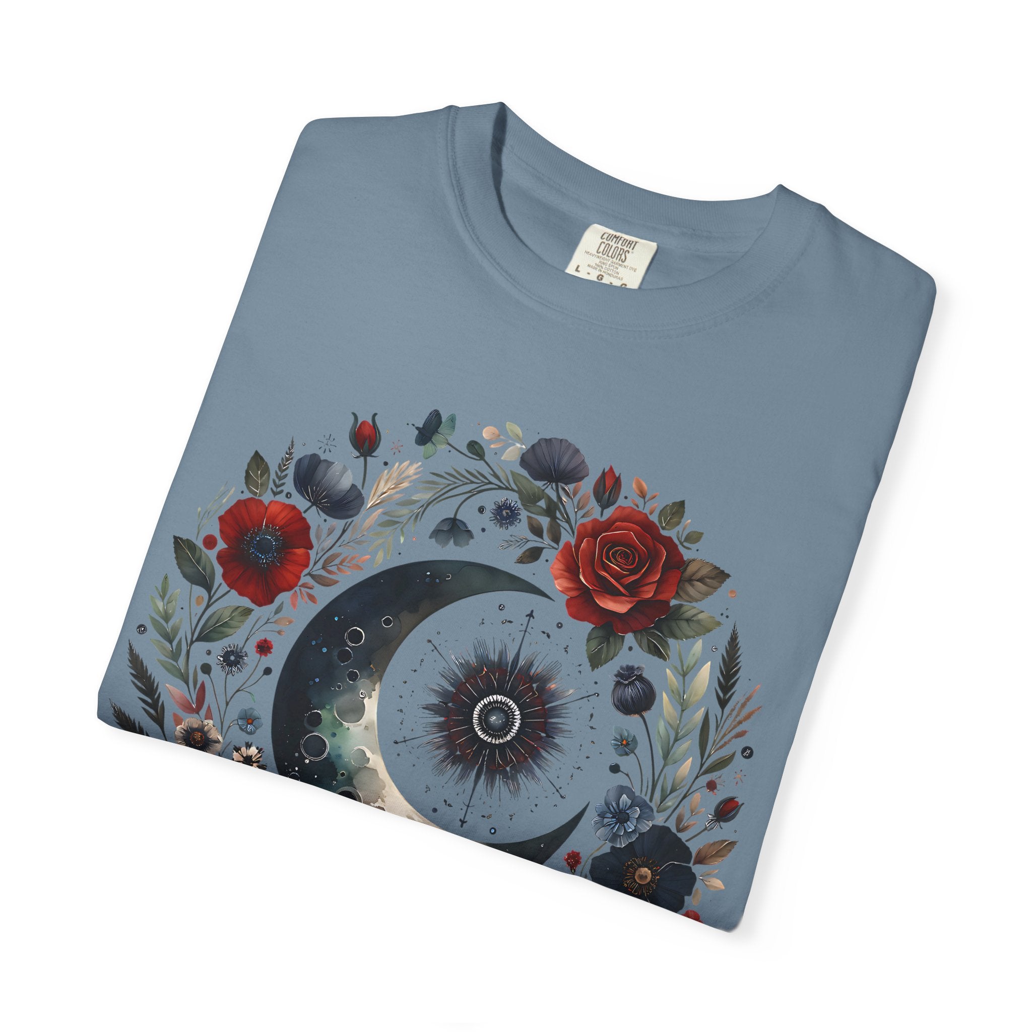 Mystical Moon T-Shirt — “Stay Mystical” Floral Crescent Tee - Dark Aesthetic T-Shirt, Mid Night Eye, LLC