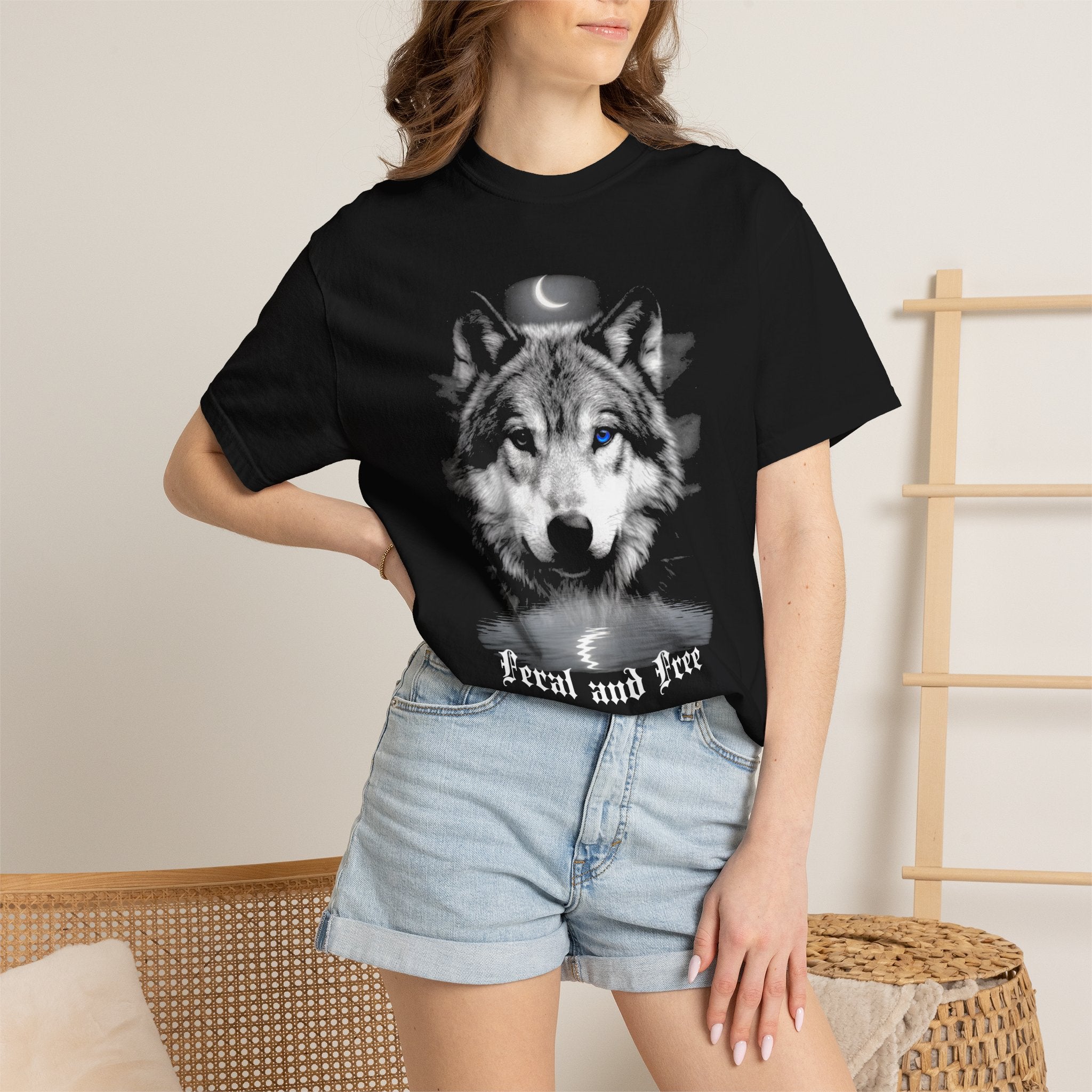 Feral and Free Vintage Moon Wolf T-Shirt -  Moon and Wolf Dark Aesthetic Tee. Midnight Eye, LLC