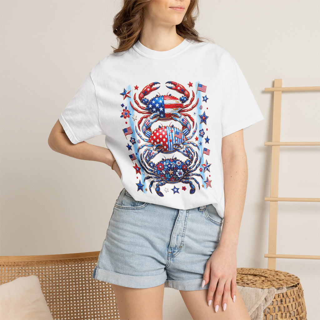 Patriotic Crab T-Shirt — Red White Blue Fourth of July Tee - Faux Brushstroke Graphic Tee - Midnight Eye, LLC
