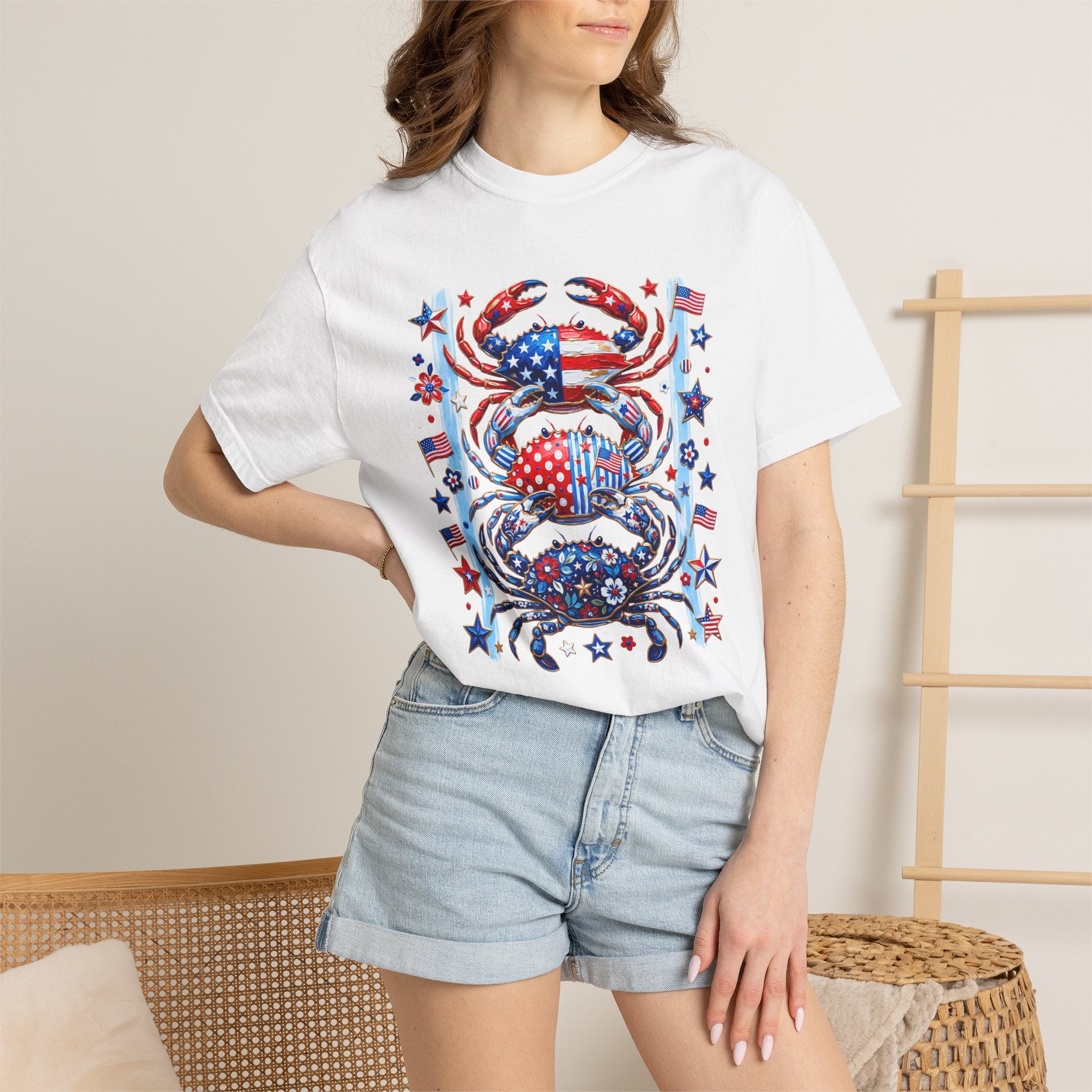 Patriotic Crab T-Shirt — Red White Blue Fourth of July Tee - Faux Brushstroke Graphic Tee - Midnight Eye, LLC