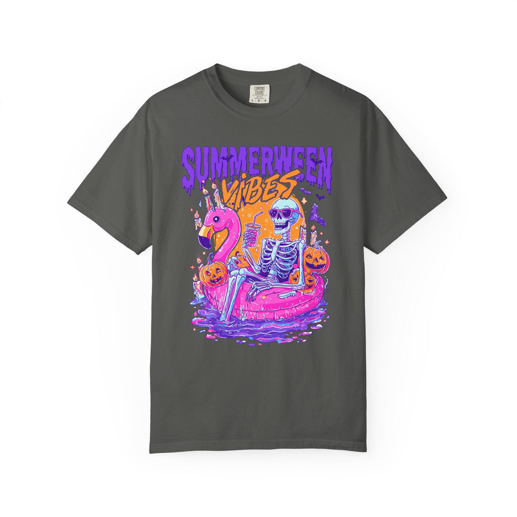 Summerween Vibes T-Shirt — Flamingo Pool Skeleton Halloween in Summer Tee - Midnight Eye, LLC