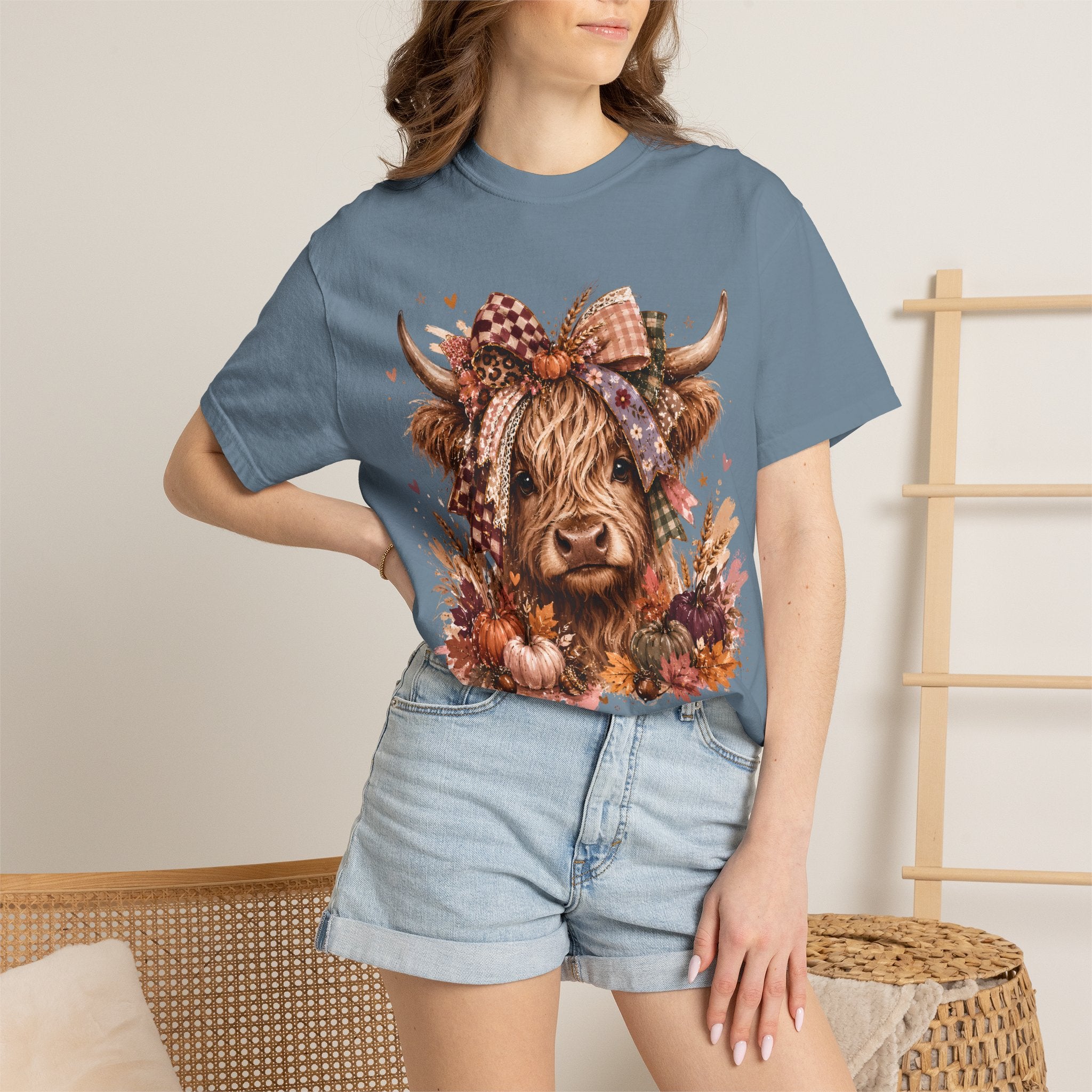 Autumn Highland Cow T-Shirt — Cute Fall Cow and Pumpkins Graphic Tee. Midnight Eye, LLC