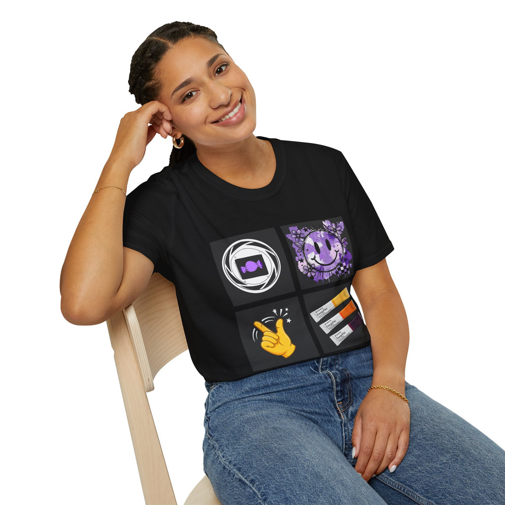 Women's Tee — Retro Purple Icons: Smiley, Peace Sign & Cassette Graphic - Midnight Eye, LLC