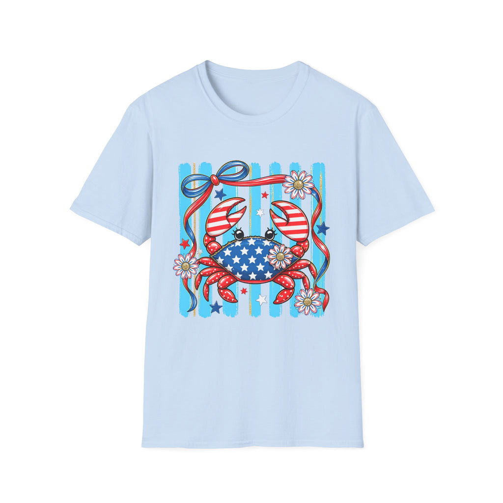 Patriotic Crab T-Shirt — American Flag Red White Blue Beach Tee Patriotic Crab T-Shirt — Preppy Cute and Funny Crab Tee. Midnight Eye, LLC.