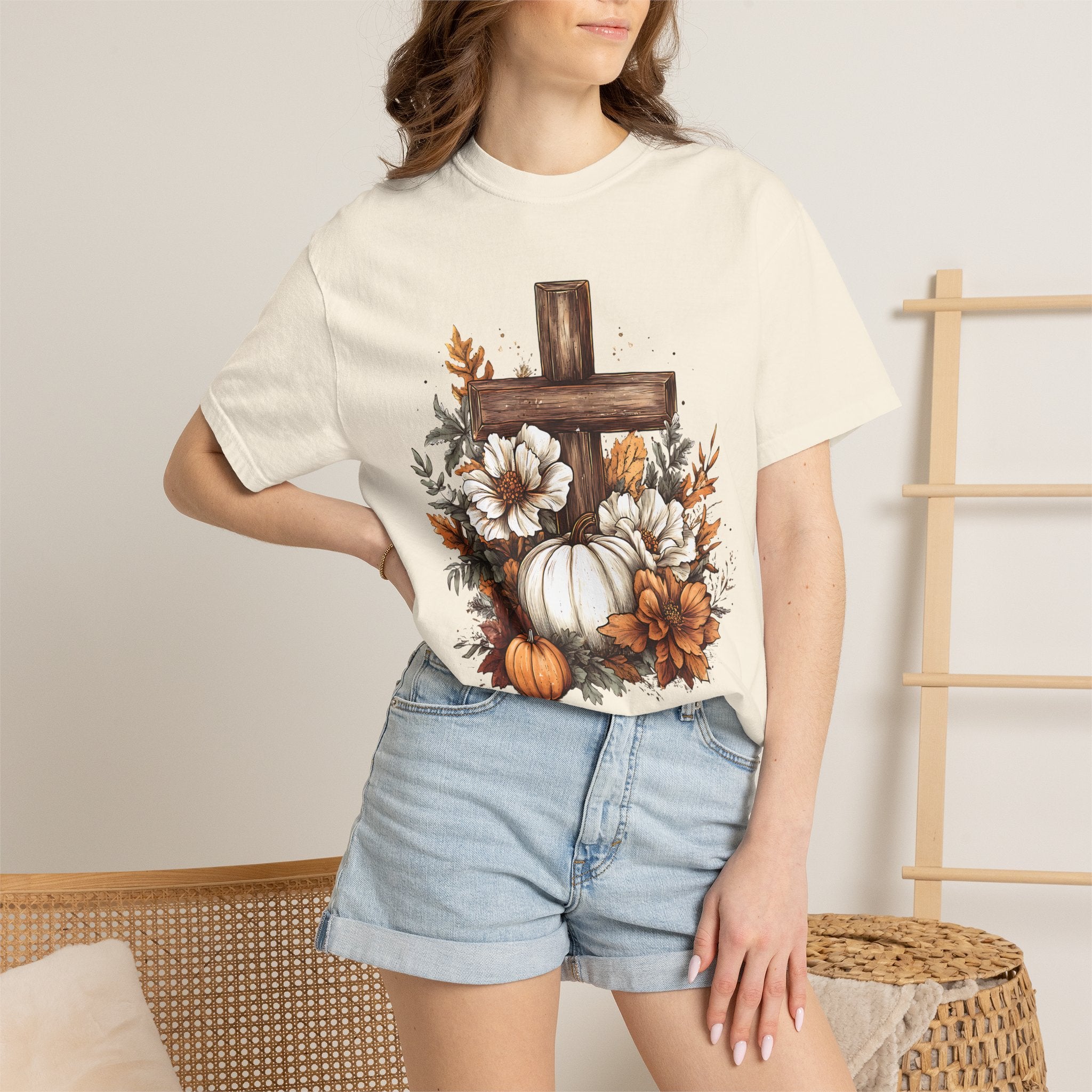 Faithful Fall Cross T-Shirt — Pumpkin & Floral Autumn Christian Tee. Midnight Eye, LLC