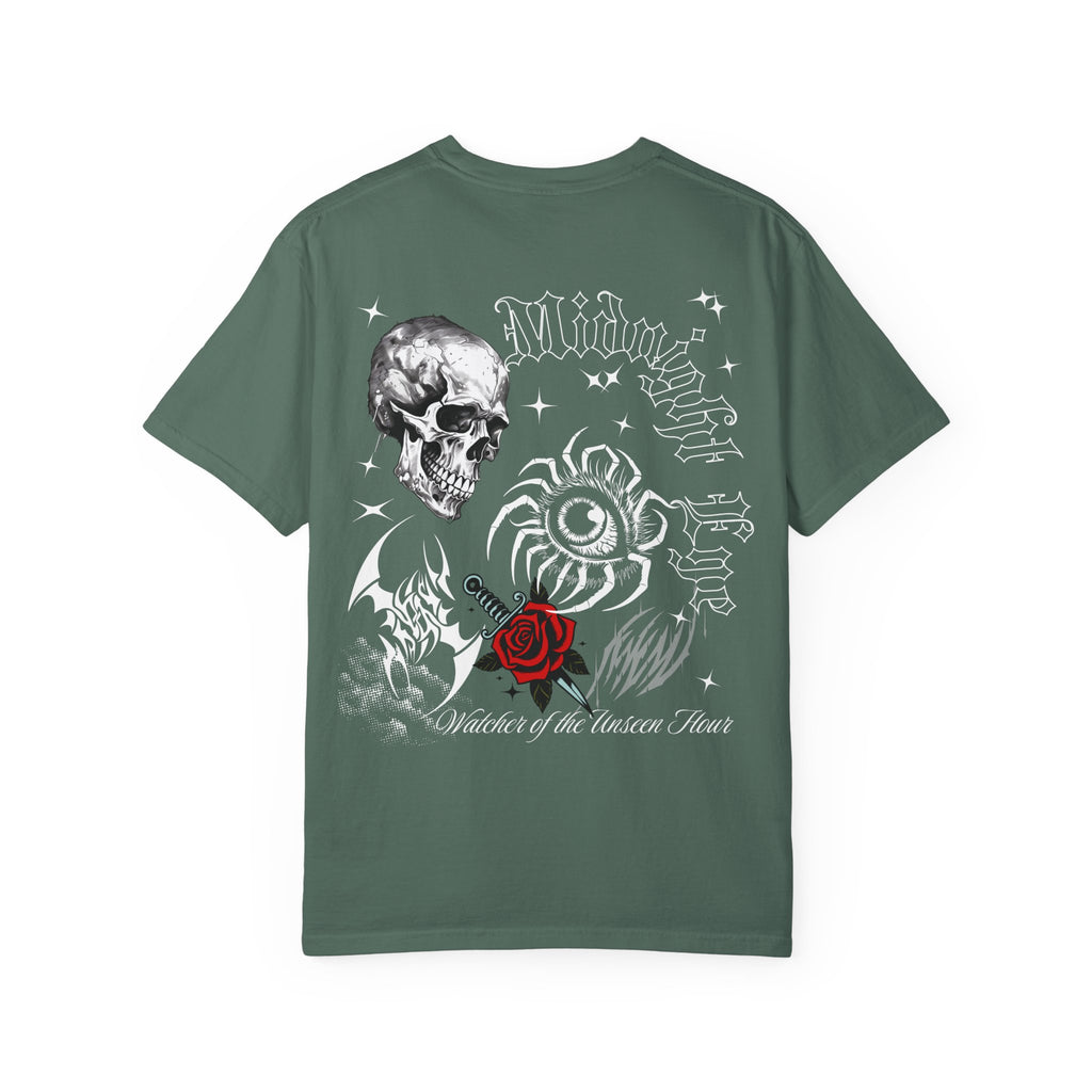 Skull & Red Rose Graphic T-Shirt — Midnight Rose Back Print - Eye T-Shirt - Mystical Tee - Dark Aesthetic Tee - Midnight Eye, LLC