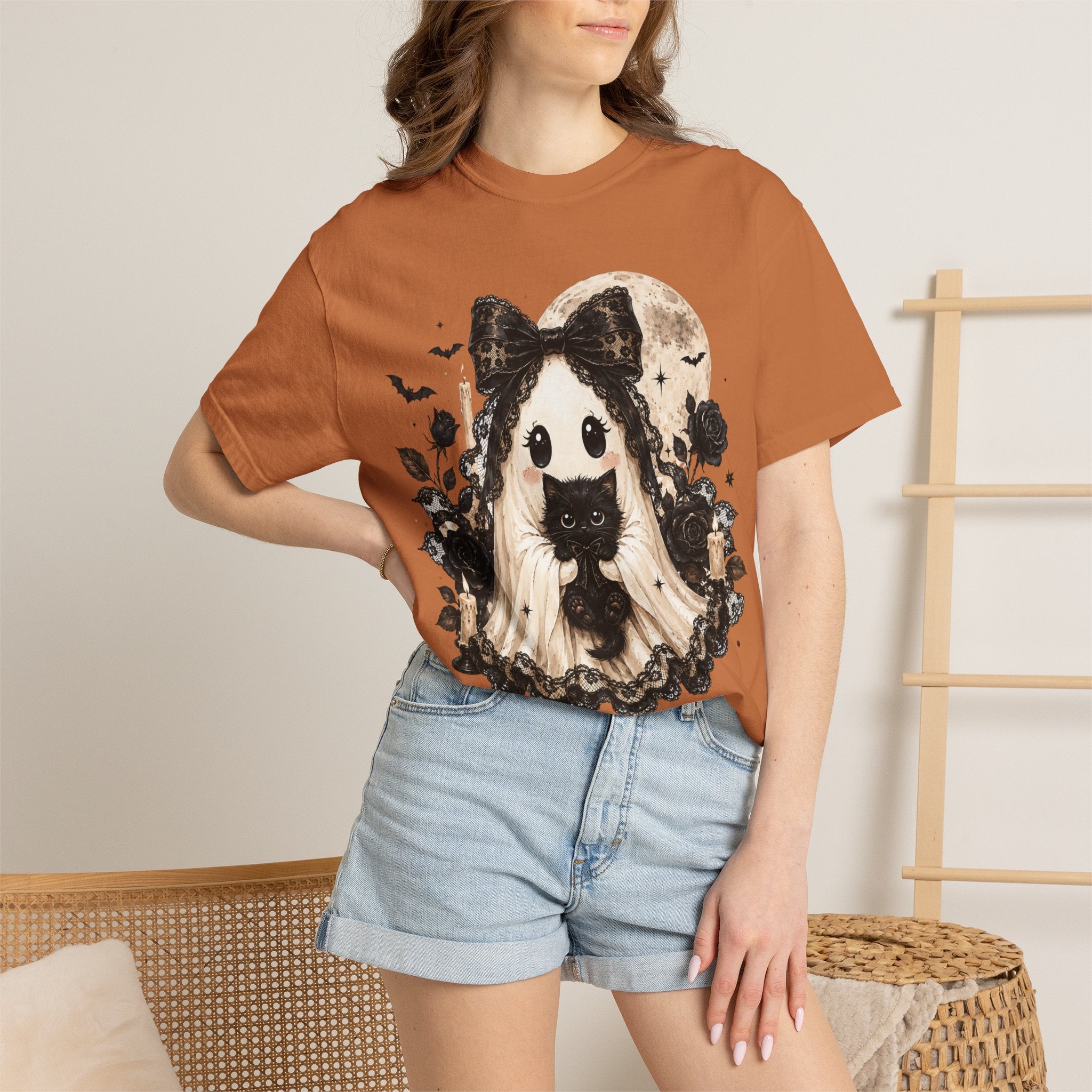 Halloween Gothic Girl Ghost with Black Cat T-Shirt - Whimsy Goth Halloween Tee