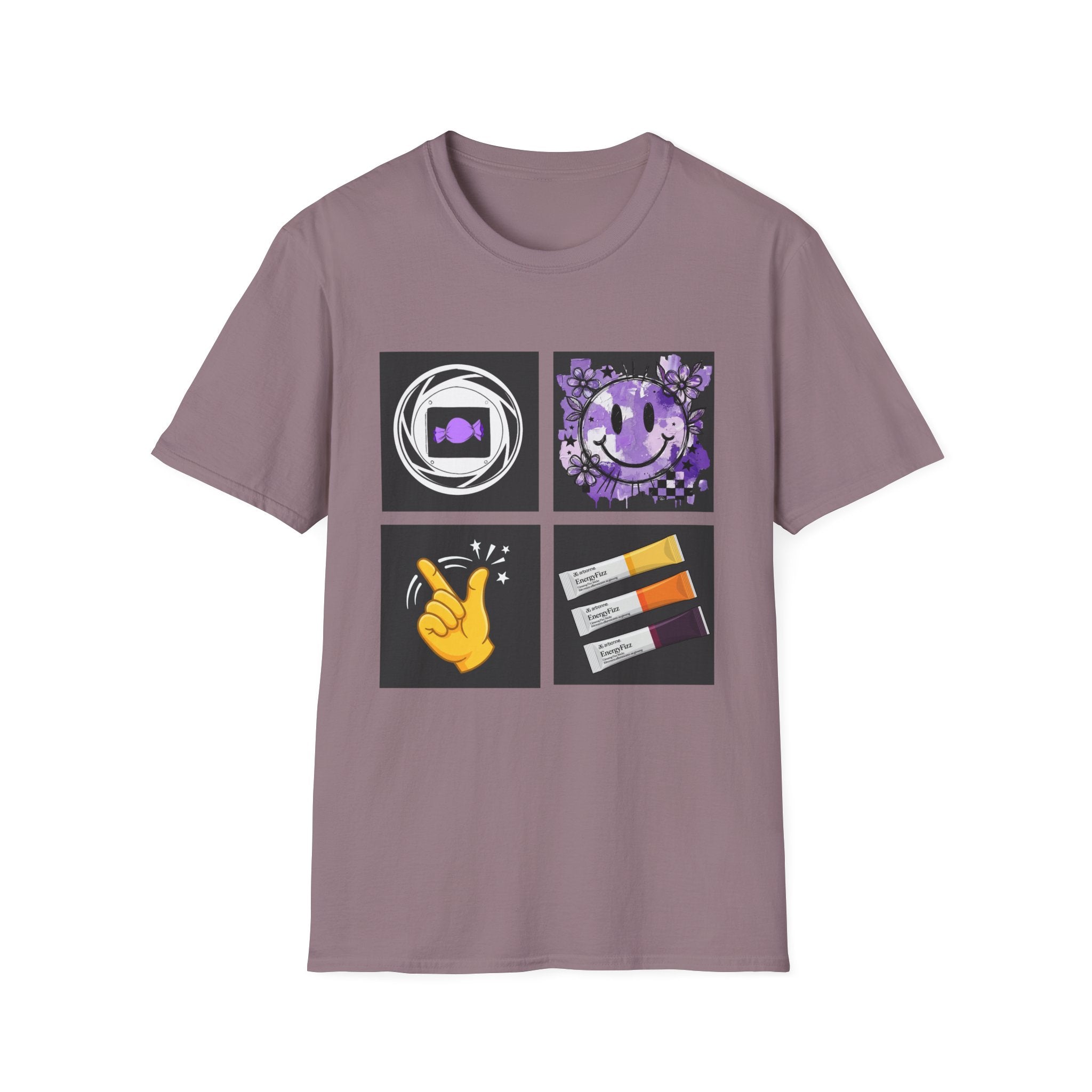 Women's Tee — Retro Purple Icons: Smiley, Peace Sign & Cassette Graphic - Midnight Eye, LLC